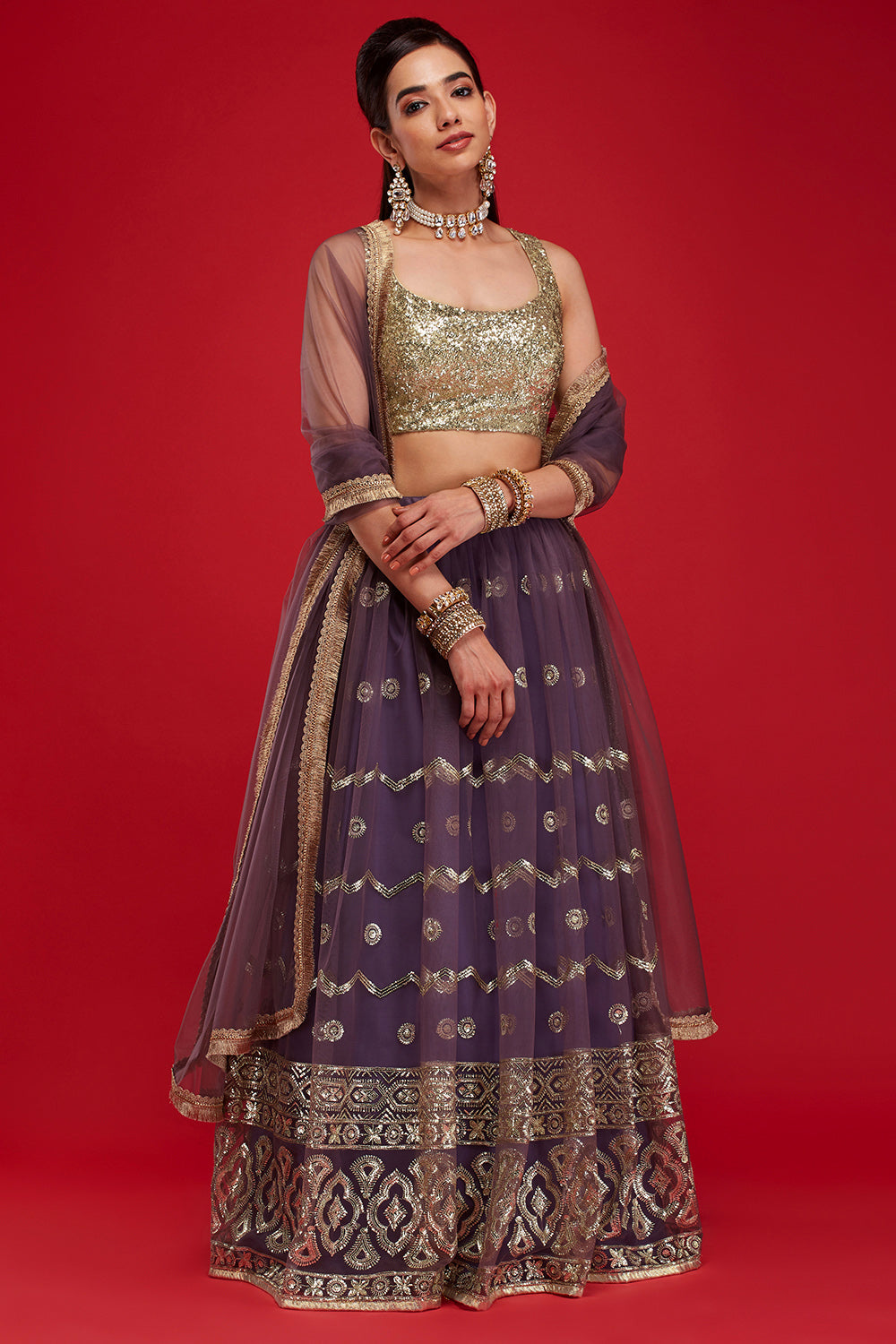 Blackcurrant Geometric Wave Lehenga