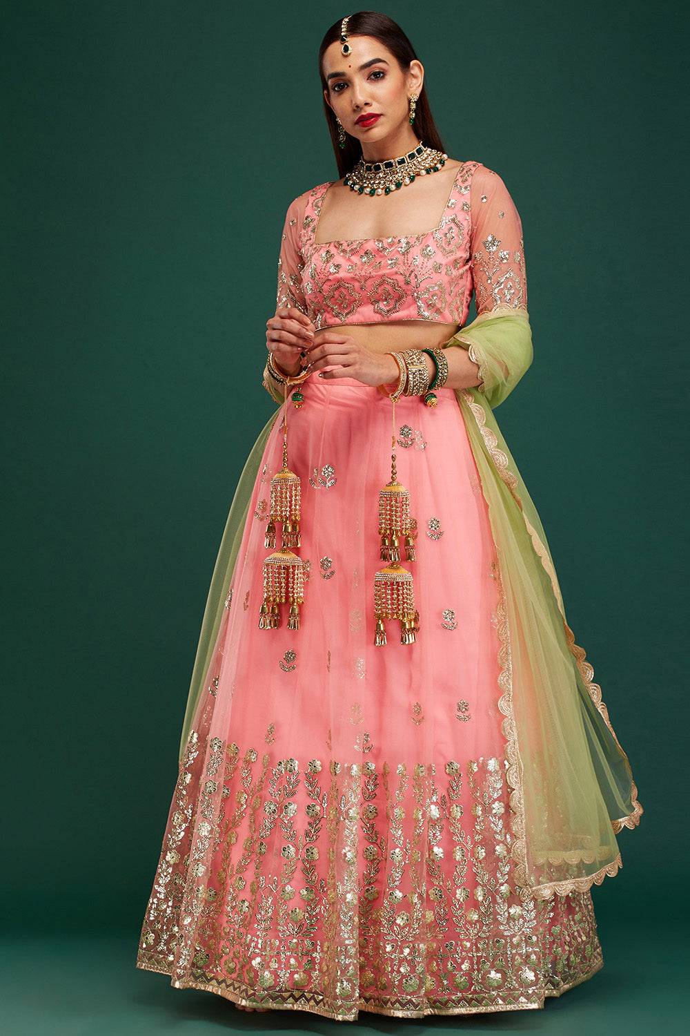 Peach & Jade Roman Tiara Lehenga