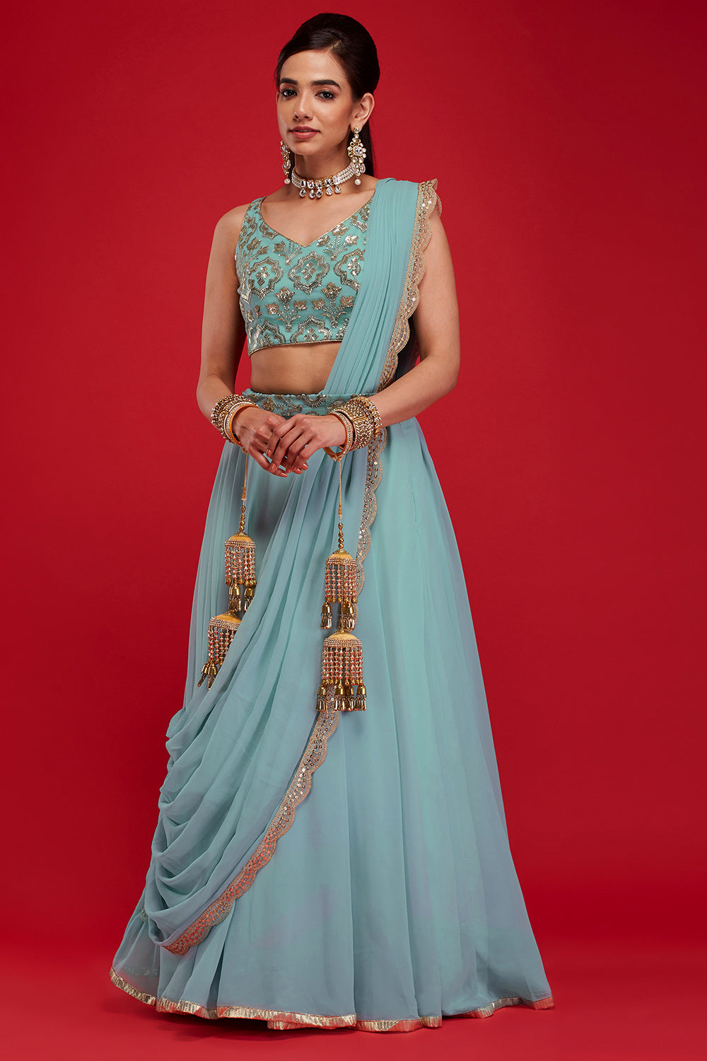 Pale Blue Draped Lehenga Saree