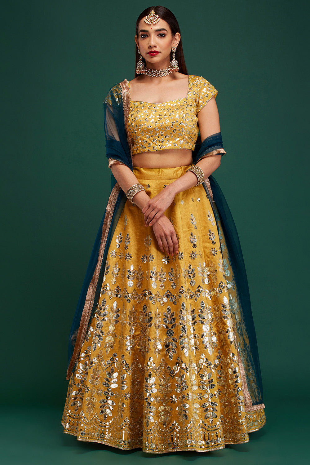 Light Gold & Blue Mirage Lehenga