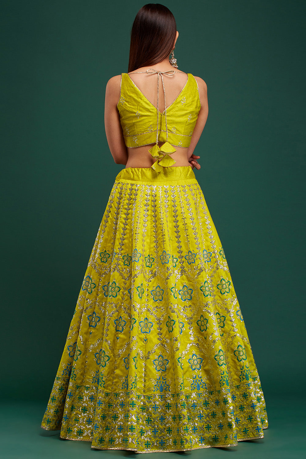 Lime Green & Blue Floral Damask Lehenga