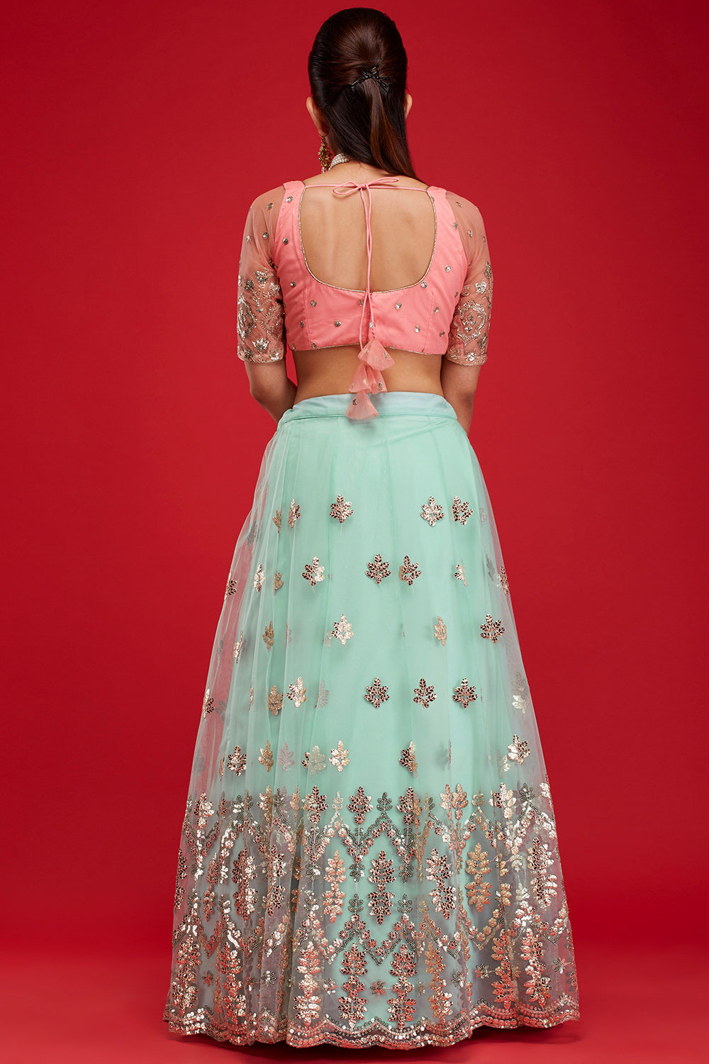 Aqua & Pink Gardenia Lehenga