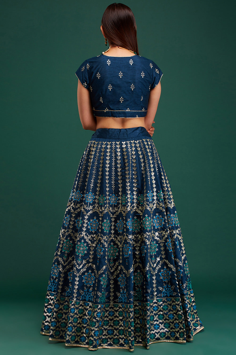 Prussian Blue Floral Damask Lehenga