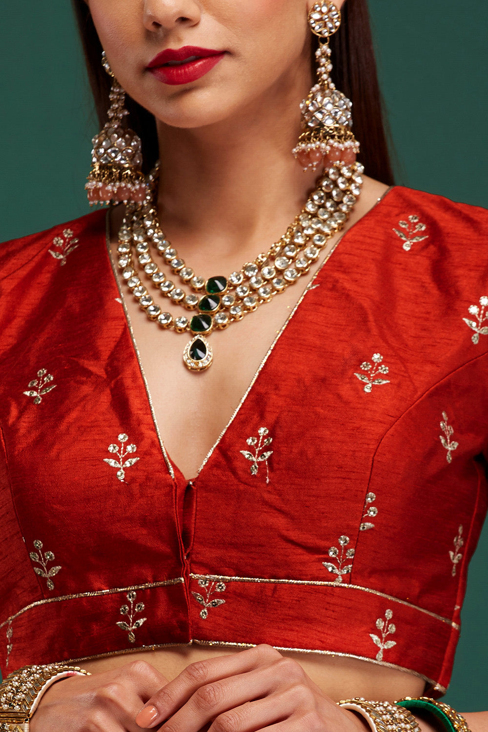 Rust & Jade Floral Pendant Lehenga