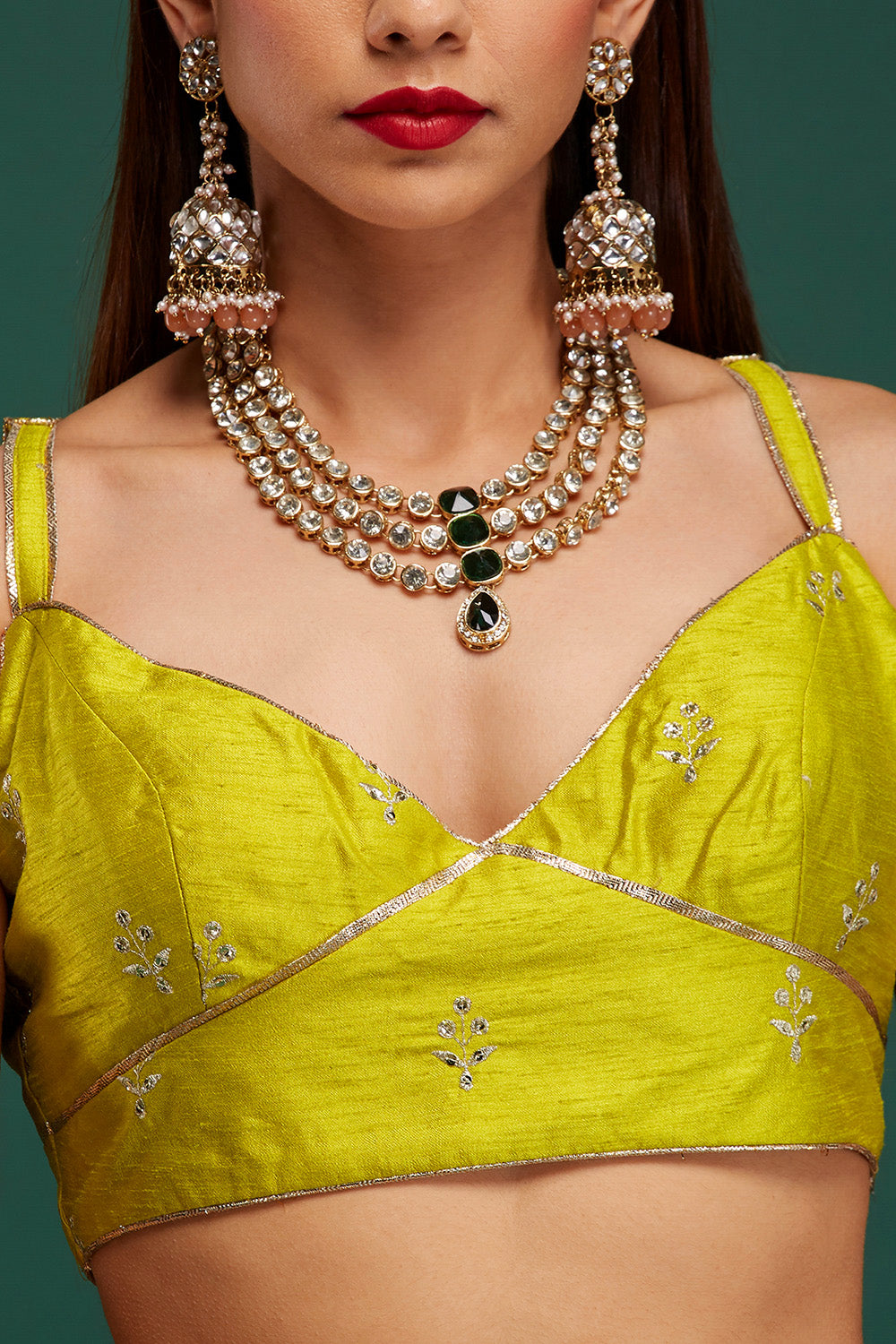 Lime Green & Blue Floral Damask Lehenga