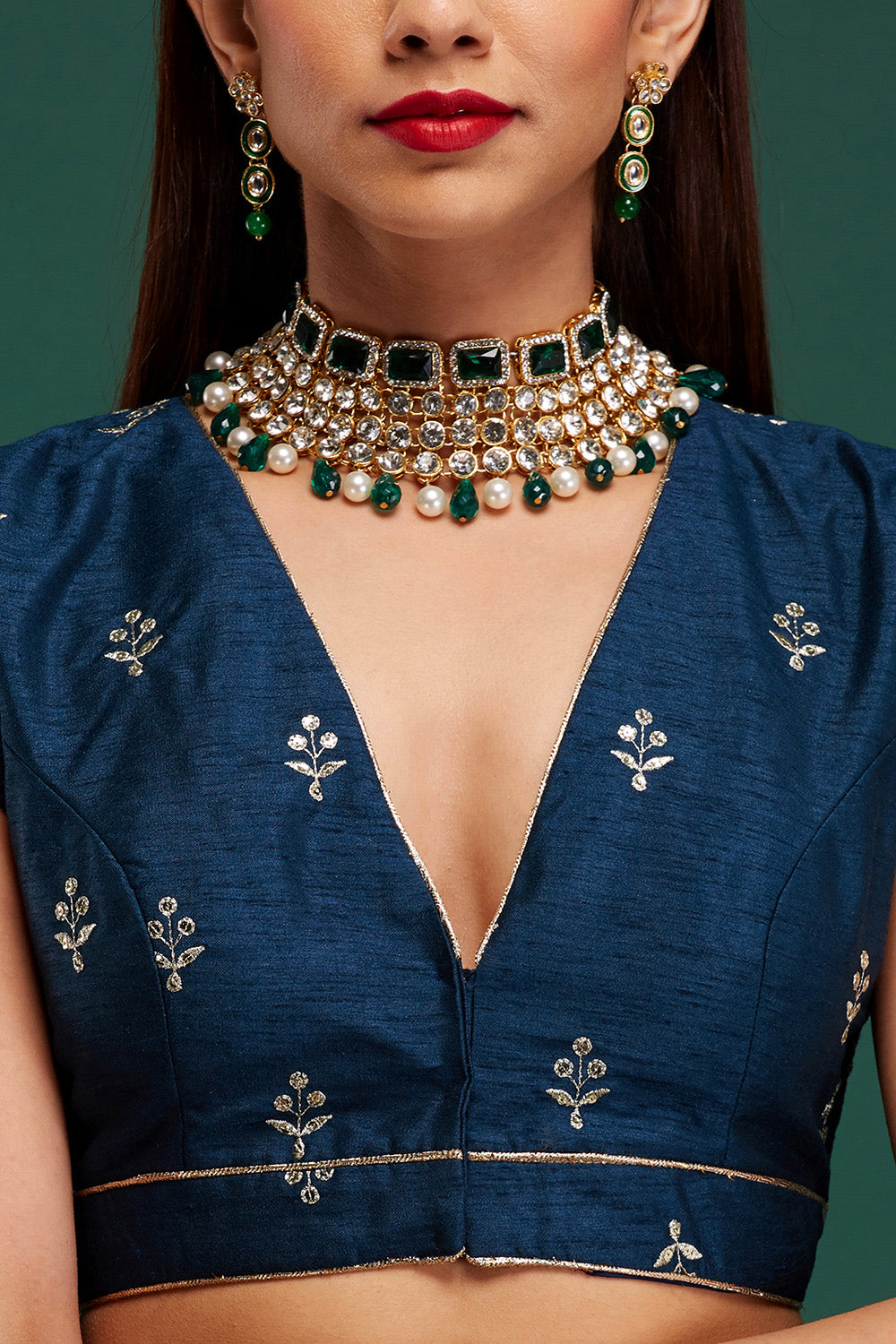 Prussian Blue & Aqua Floral Damask Lehenga