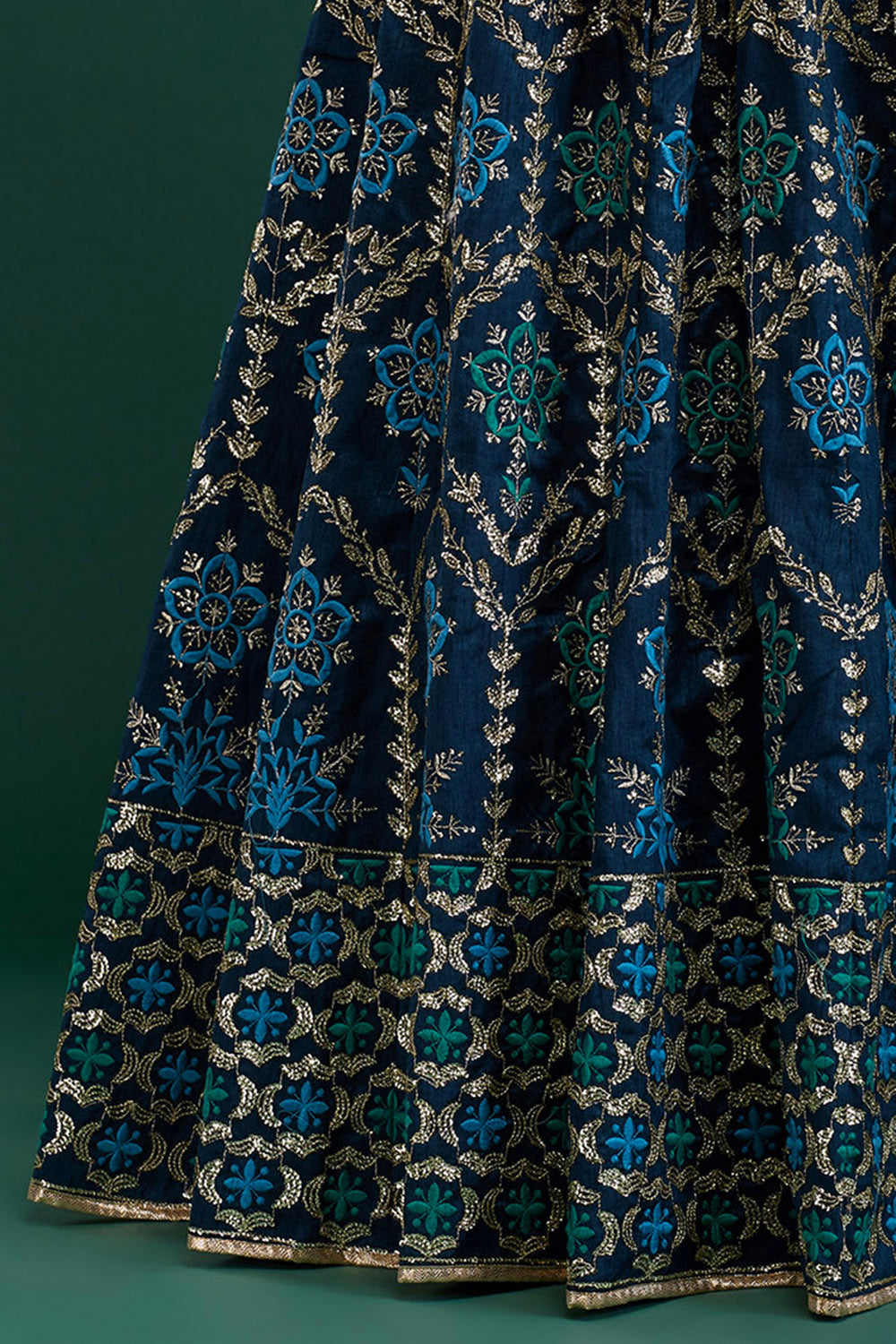 Prussian Blue Floral Damask Lehenga