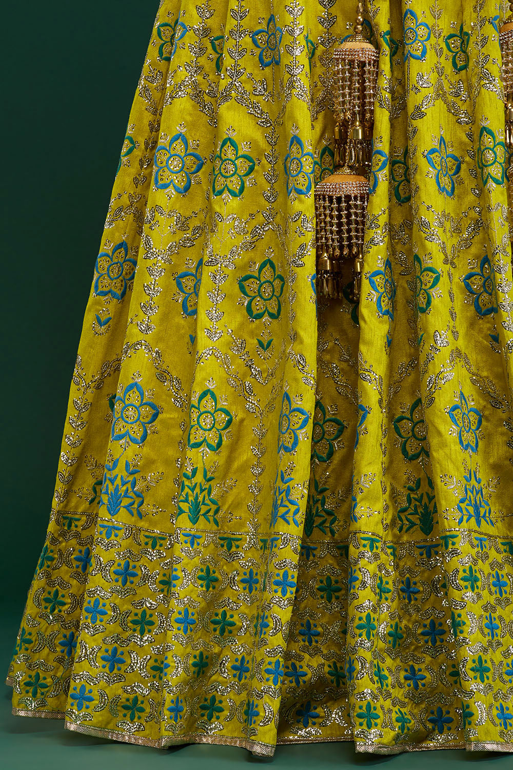 Lime Green & Blue Floral Damask Lehenga