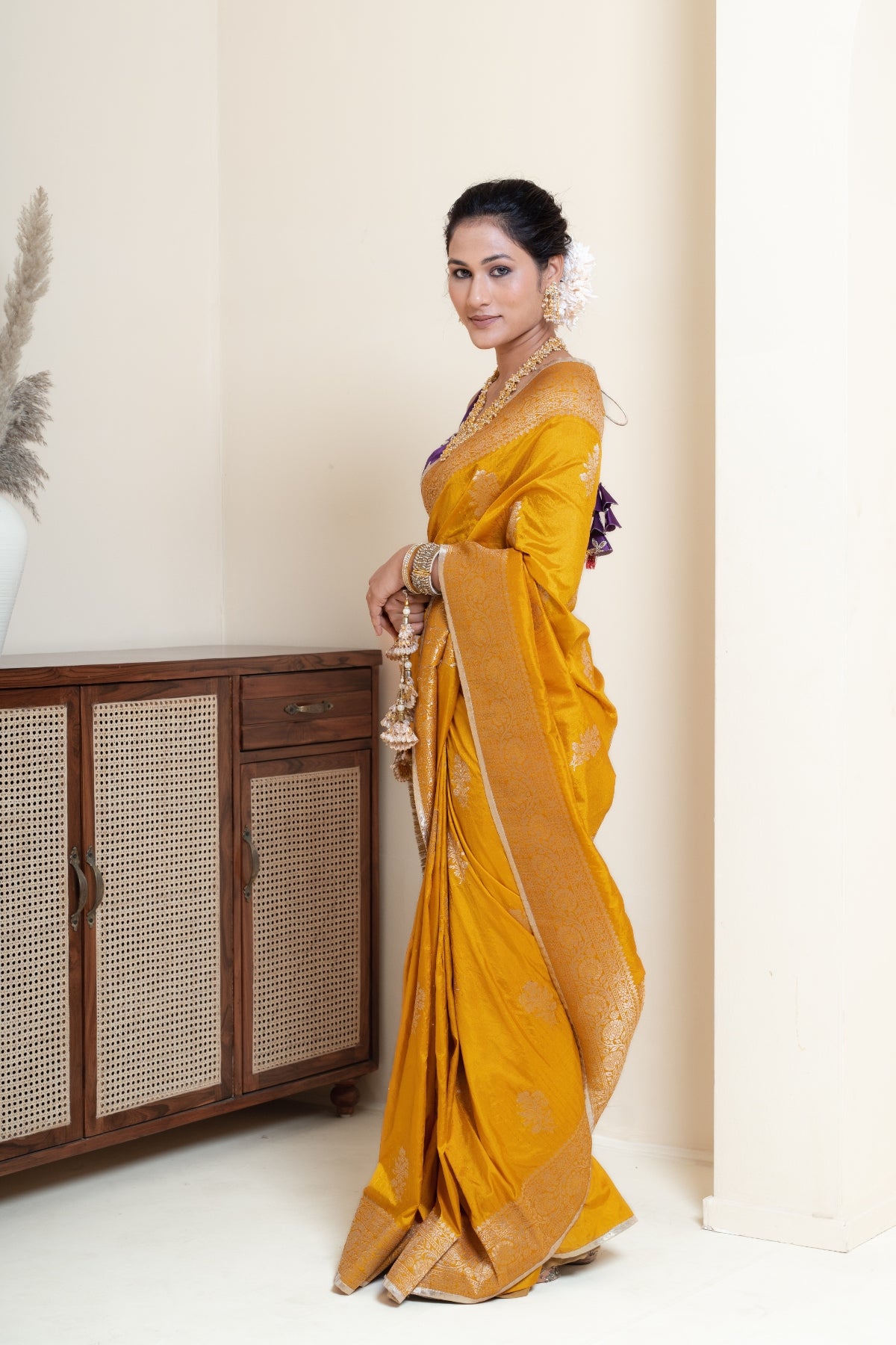 Classic Mustard and Purple Brocade Saree
