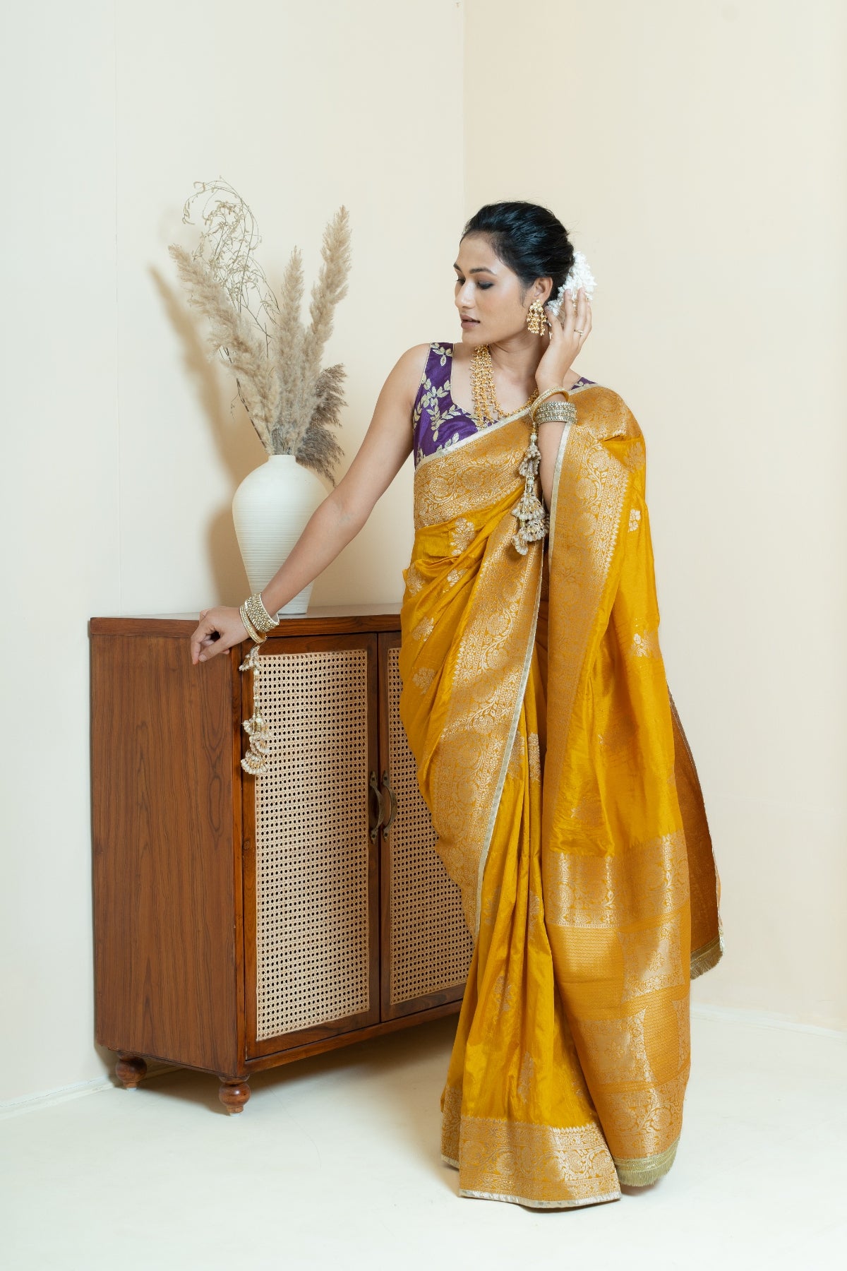 Classic Mustard and Purple Brocade Saree