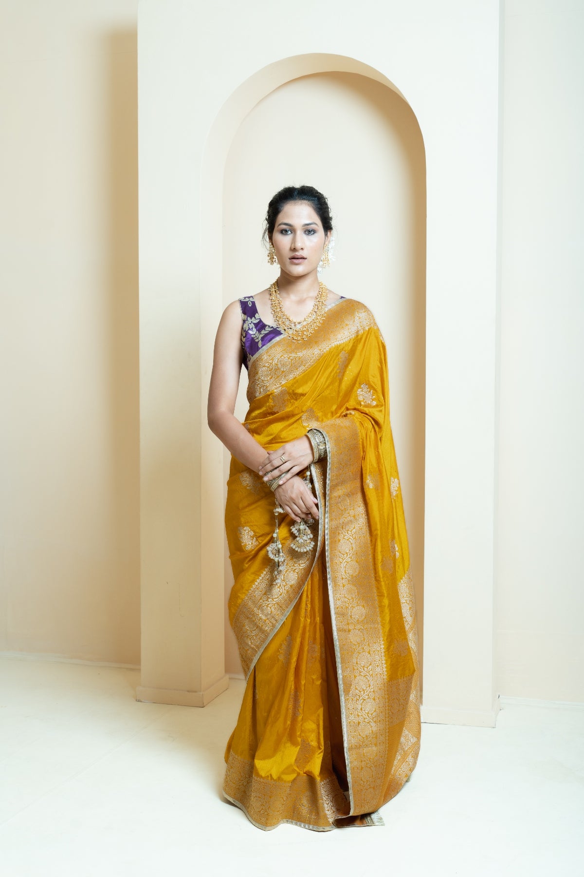 Classic Mustard and Purple Brocade Saree