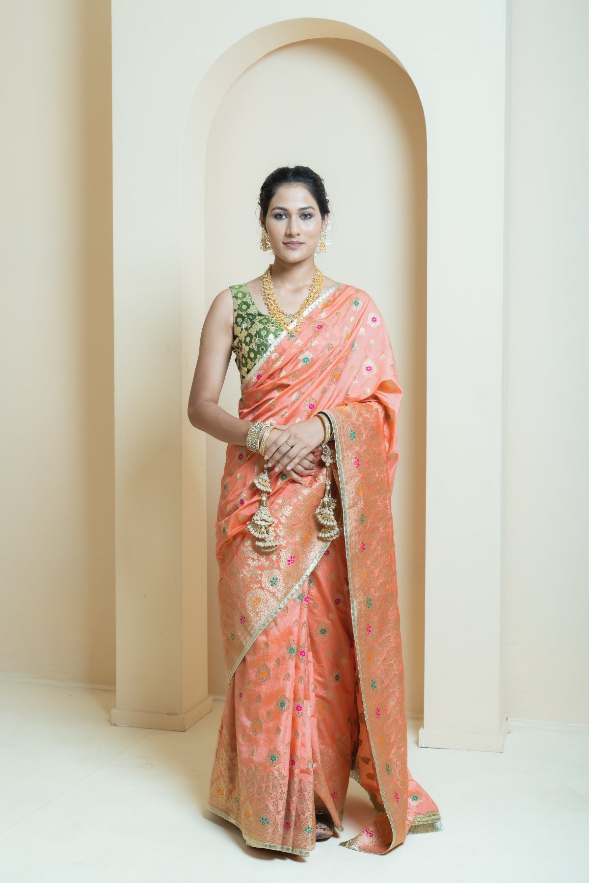 Classic Peach and Olive Brocade Saree