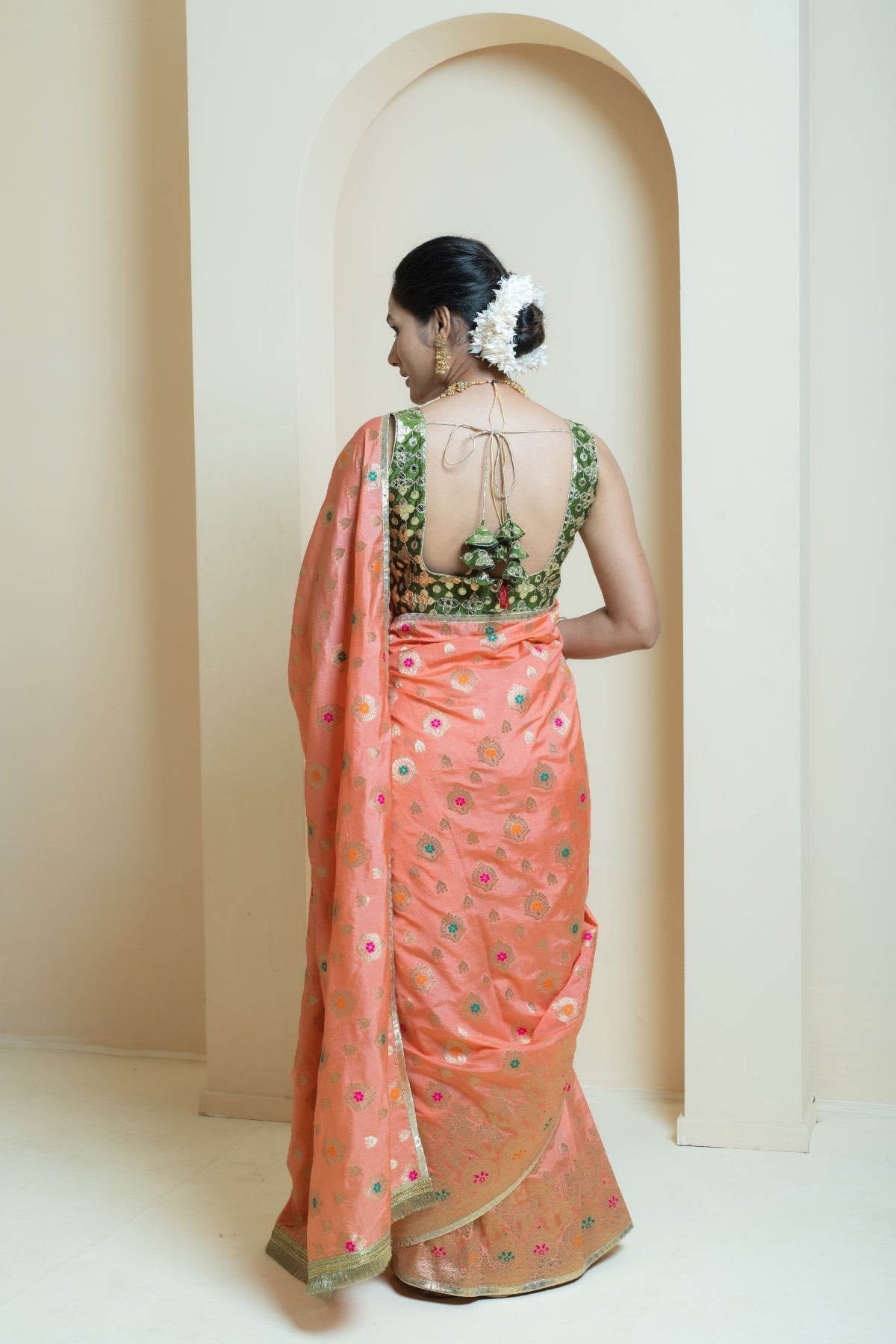 Classic Peach and Olive Brocade Saree