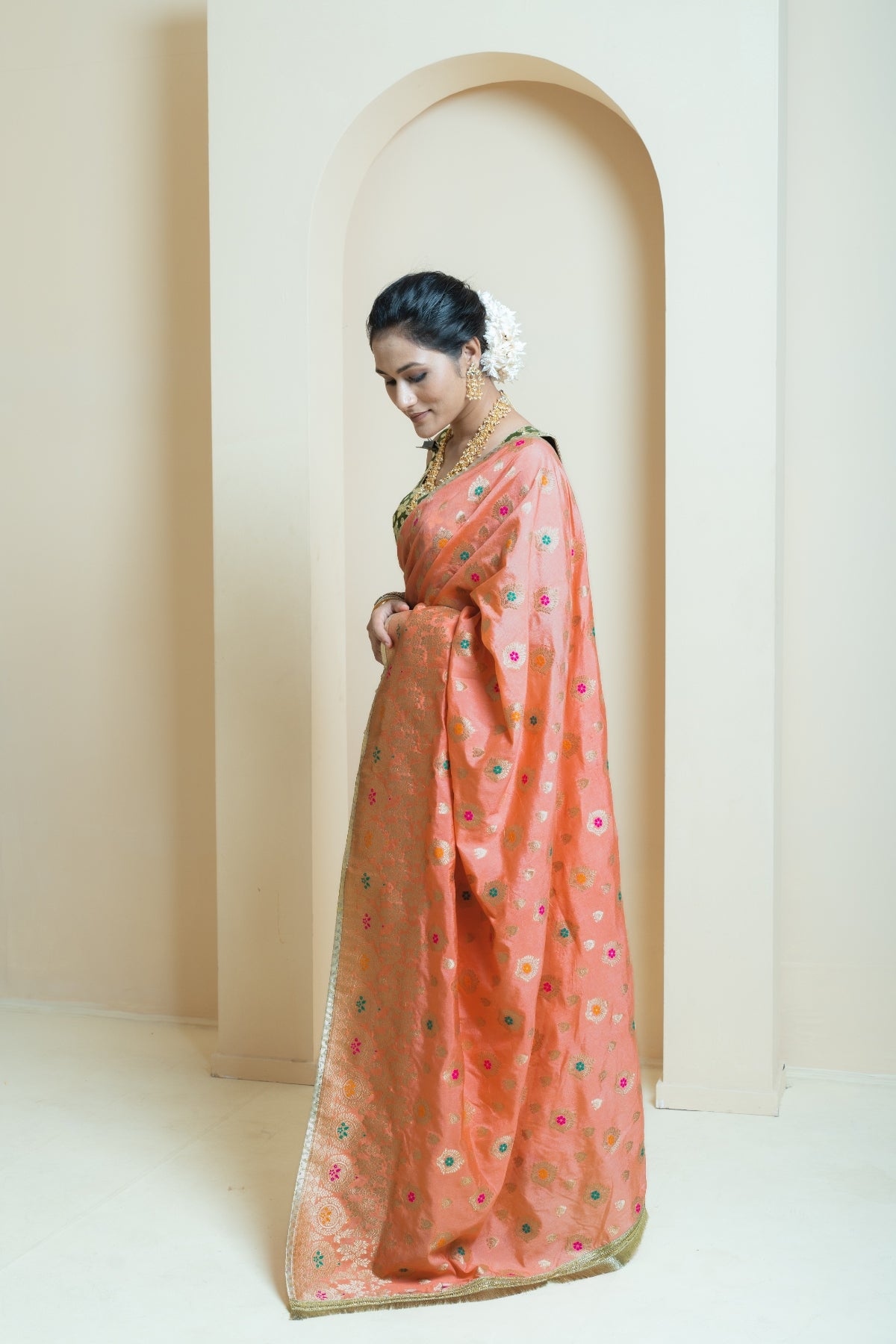 Classic Peach and Olive Brocade Saree
