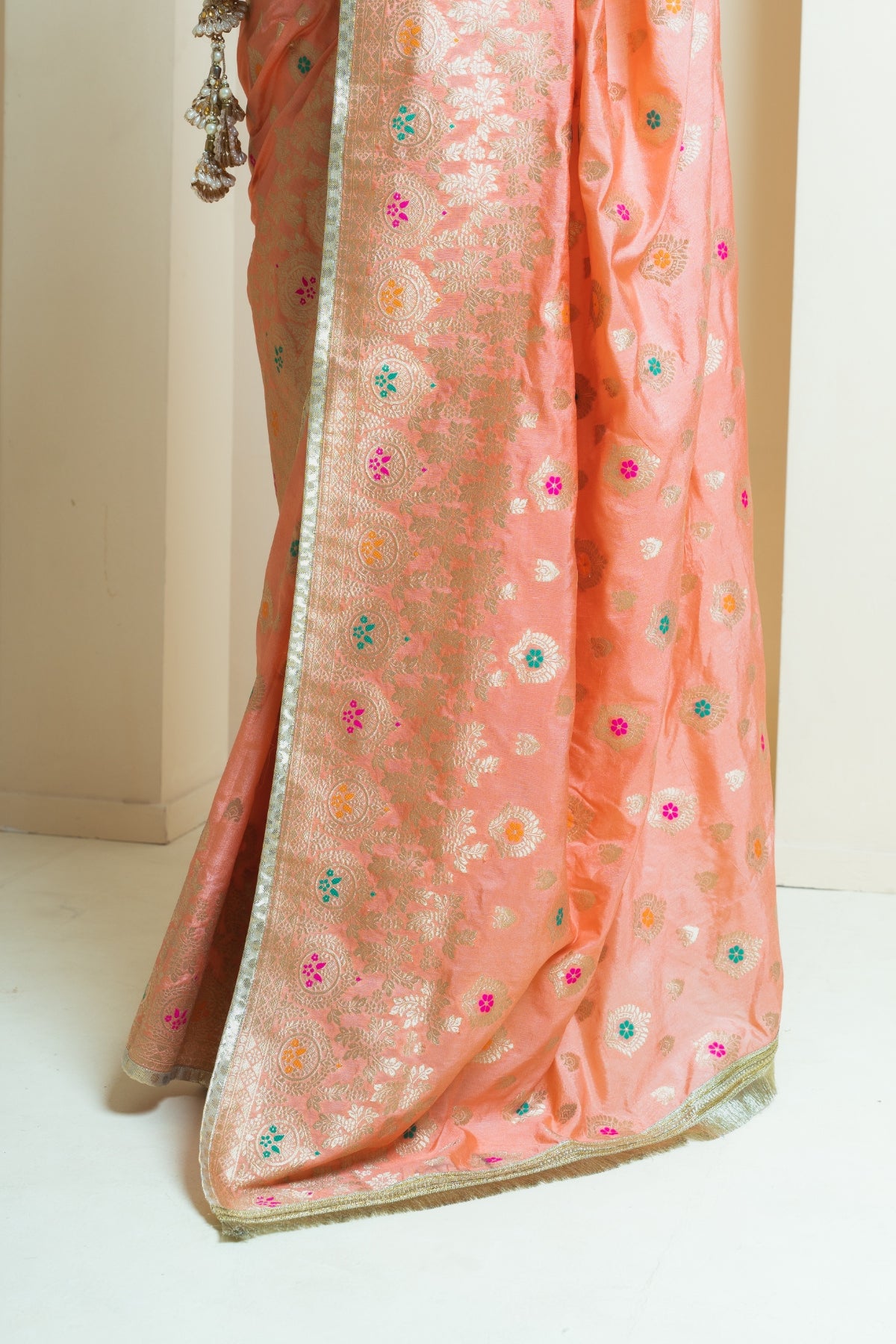 Classic Peach and Olive Brocade Saree