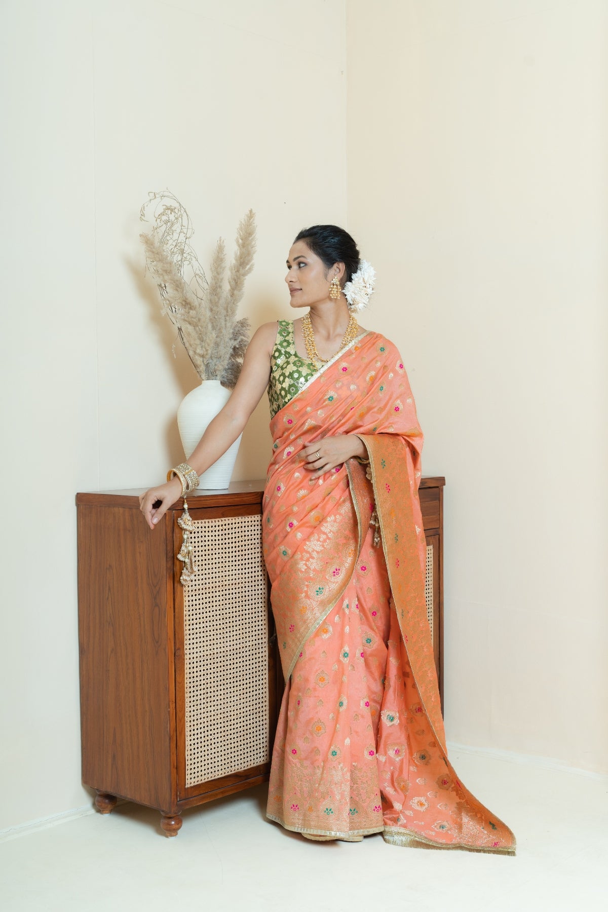 Classic Peach and Olive Brocade Saree