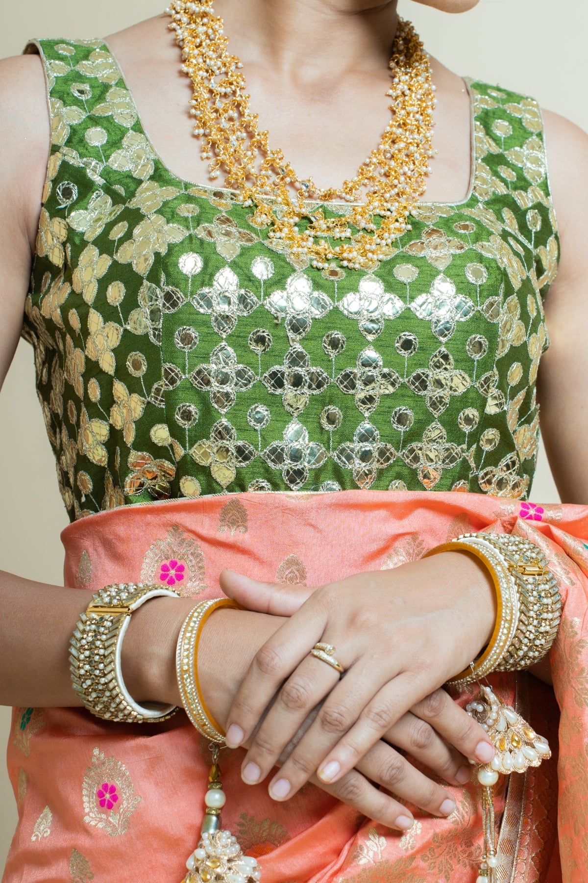 Classic Peach and Olive Brocade Saree