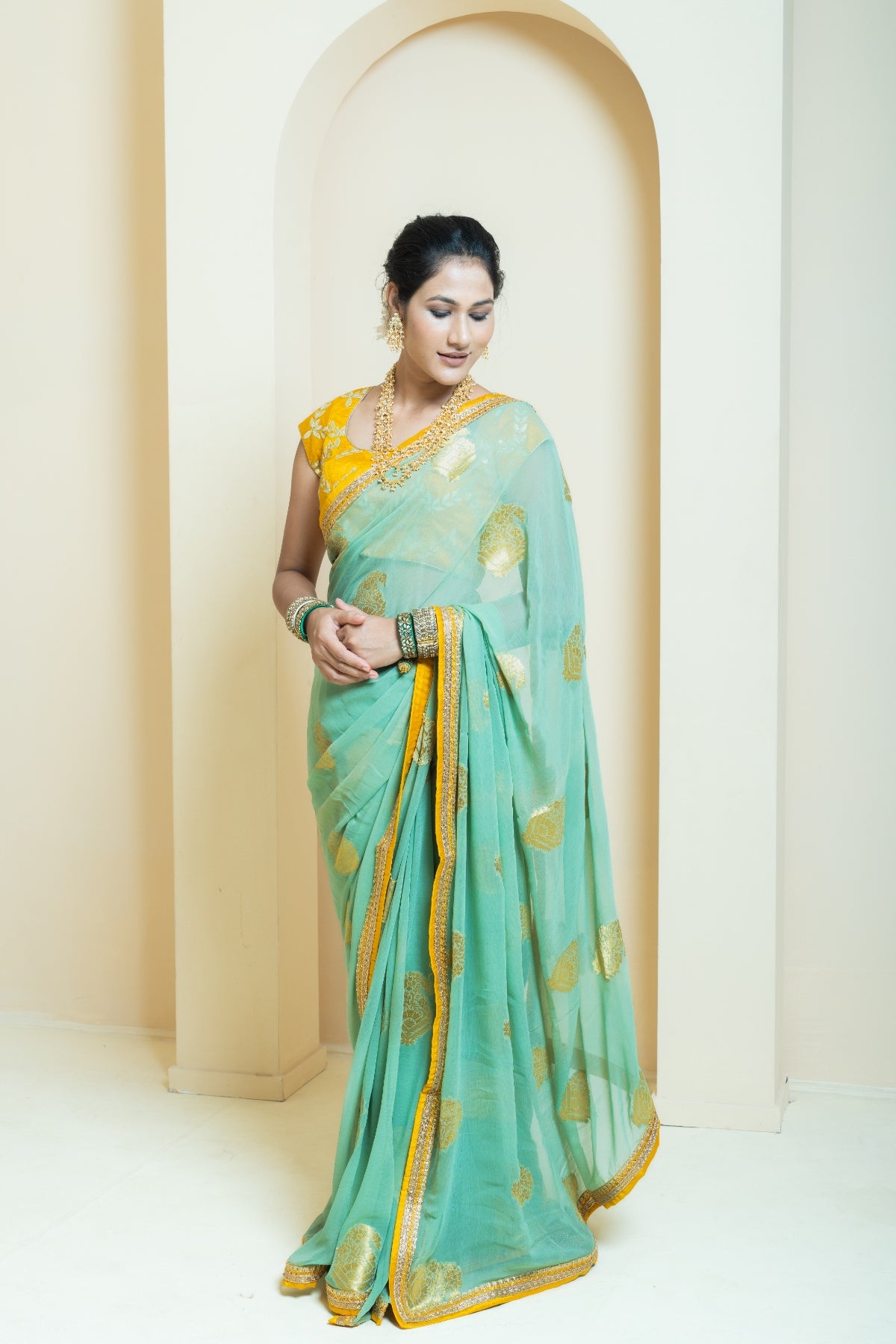 Jade and Mustard Motif Saree