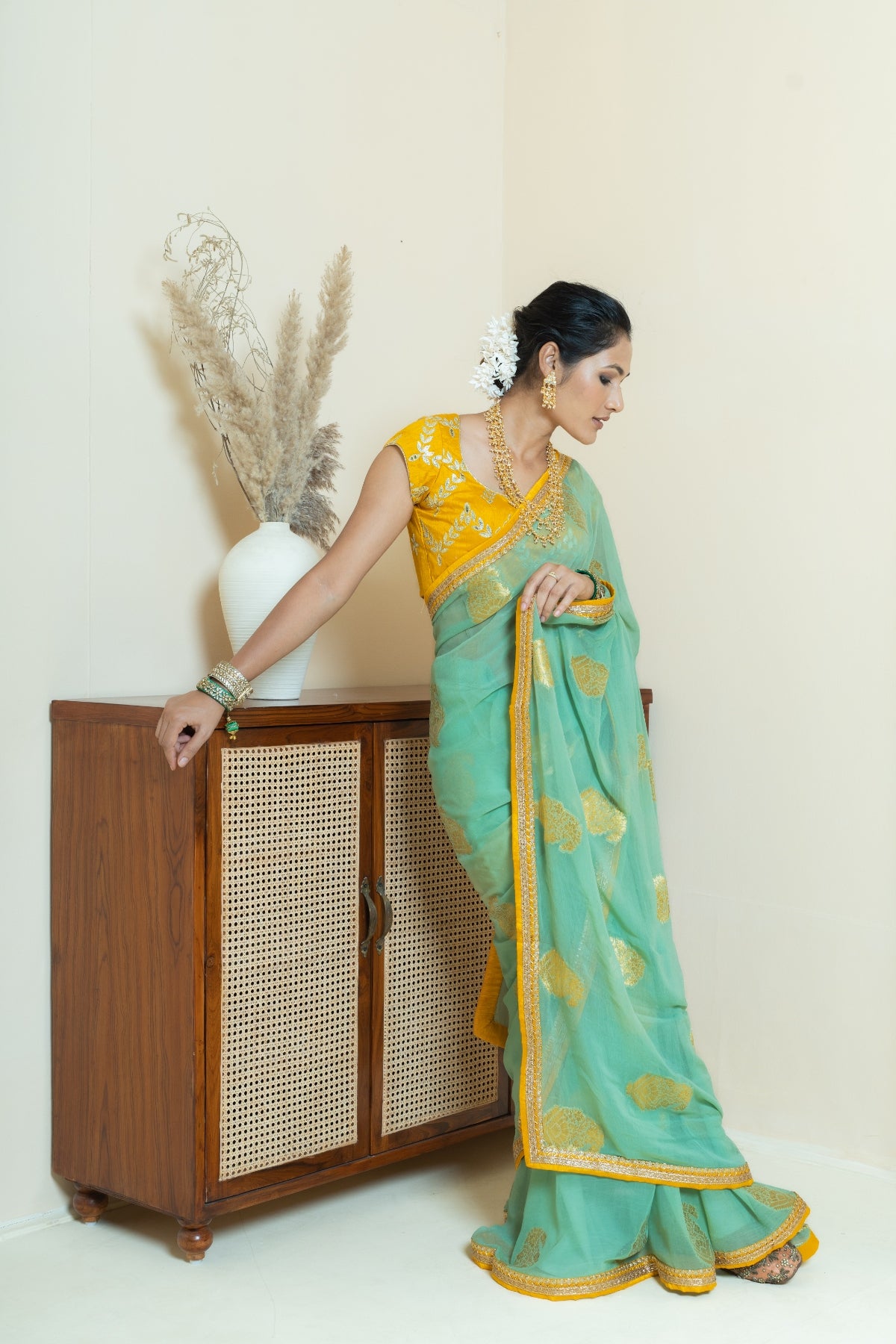 Jade and Mustard Motif Saree