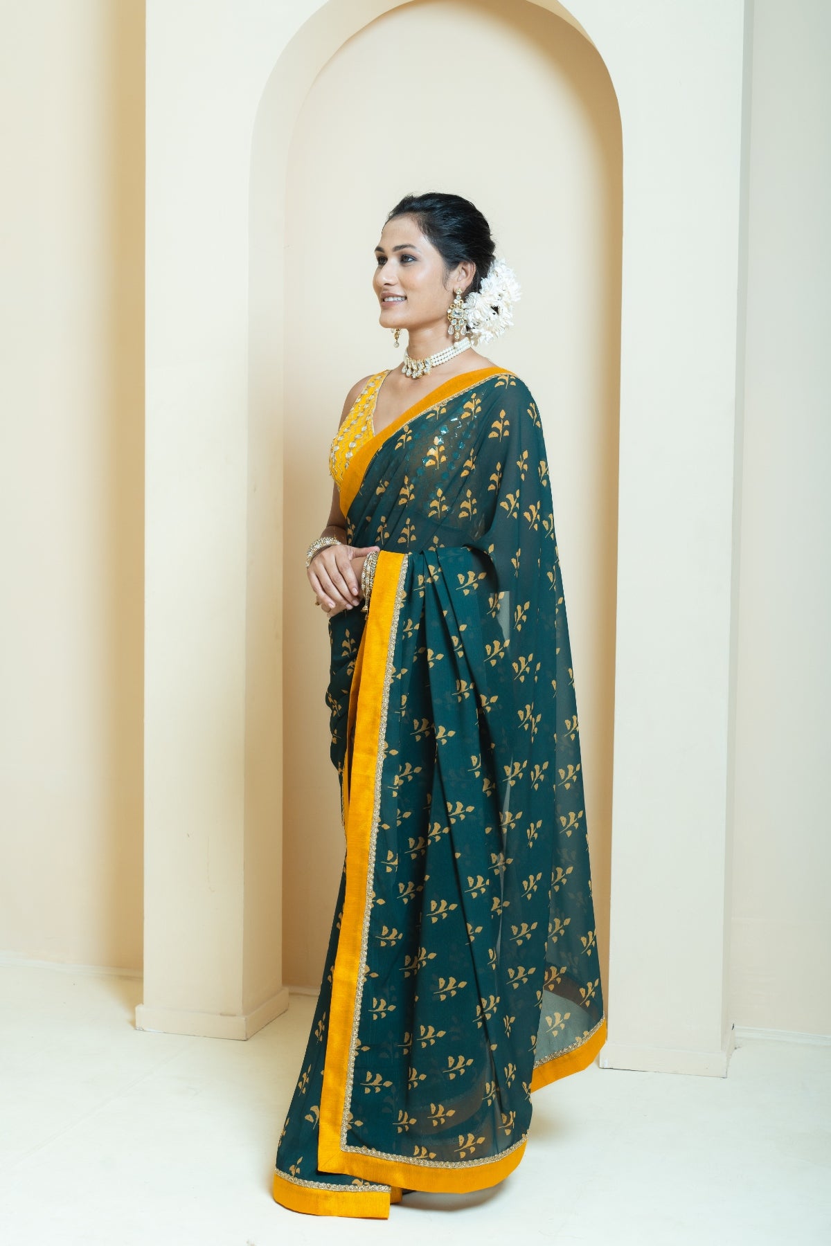 Rich Forest Green and Mustard Motif Georgette Saree