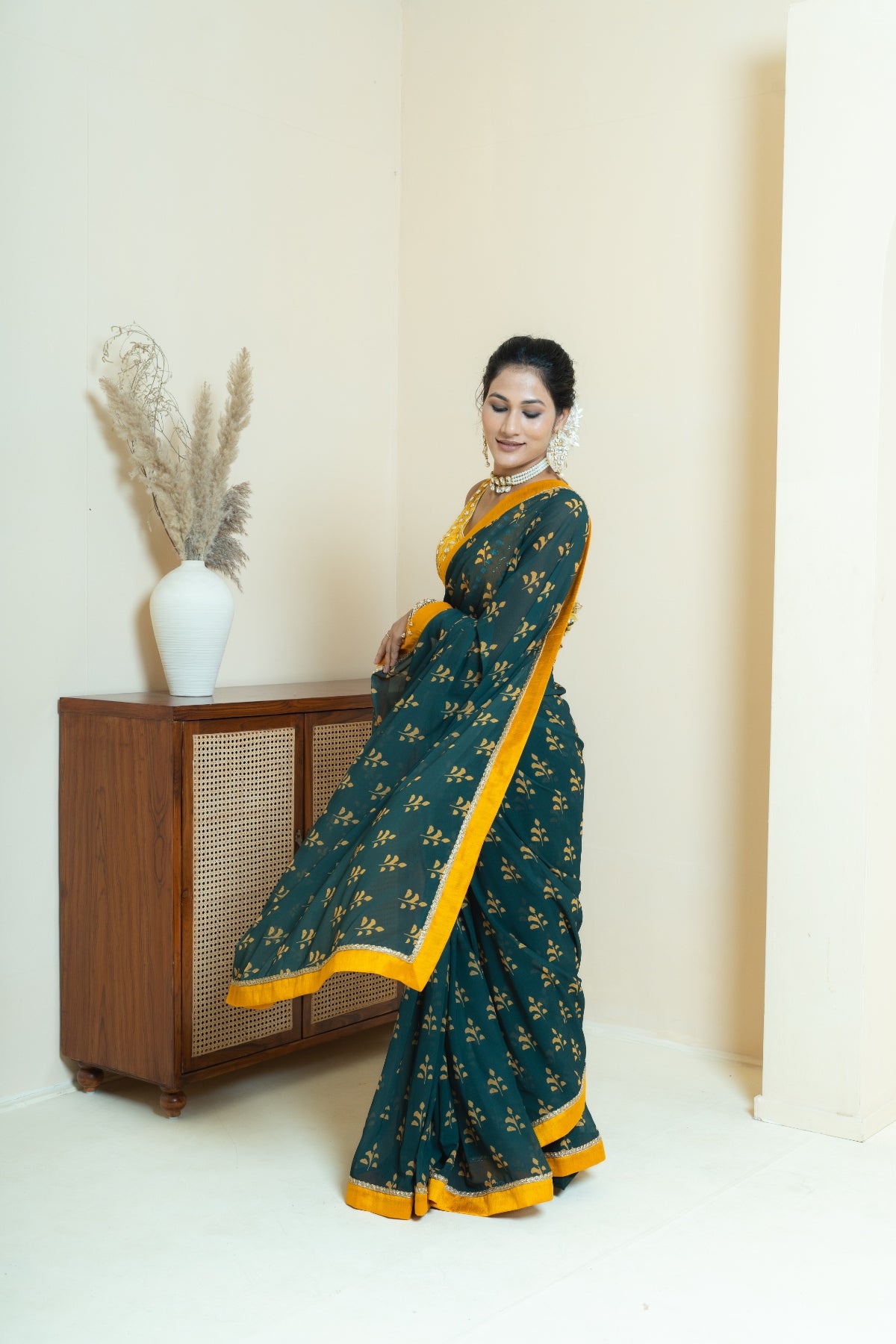 Rich Forest Green and Mustard Motif Georgette Saree