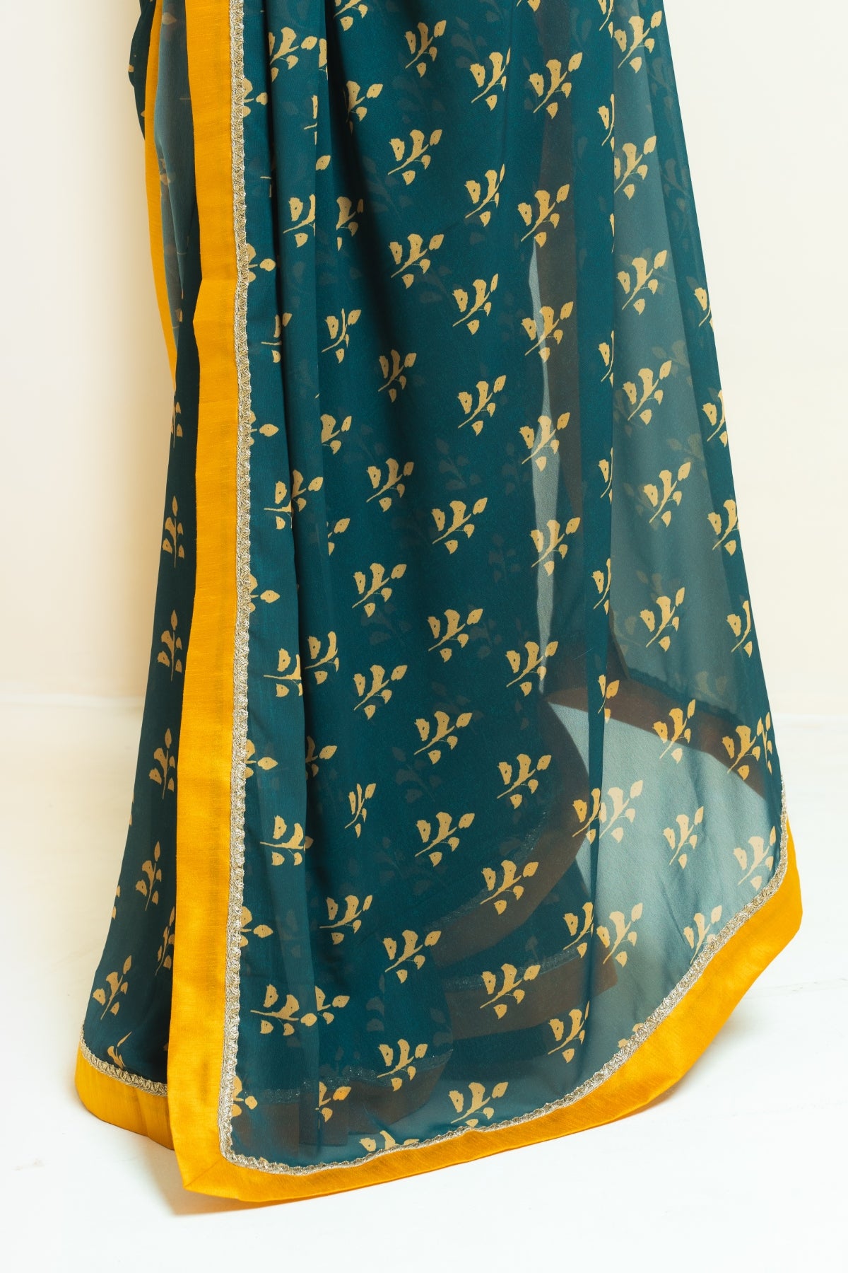 Rich Forest Green and Mustard Motif Georgette Saree