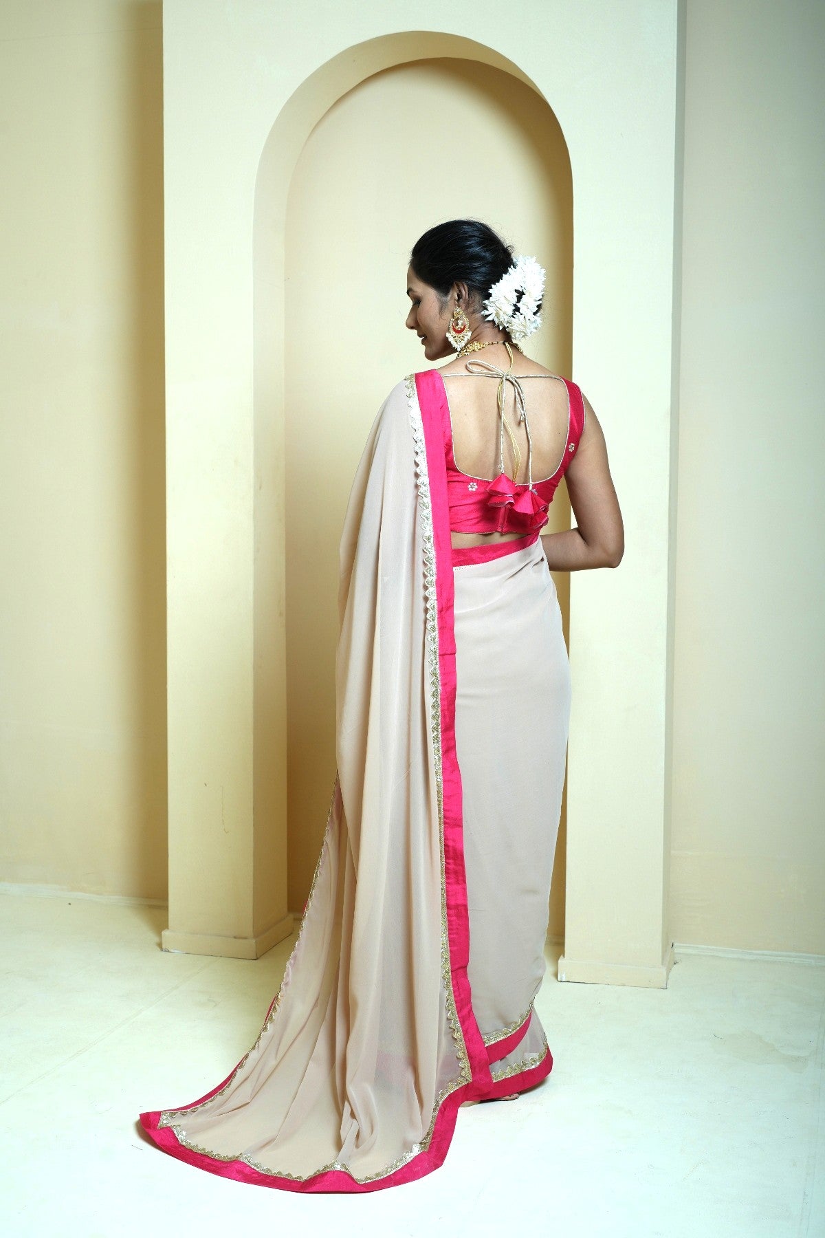 Serene Beige and Rose Pink Georgette Saree