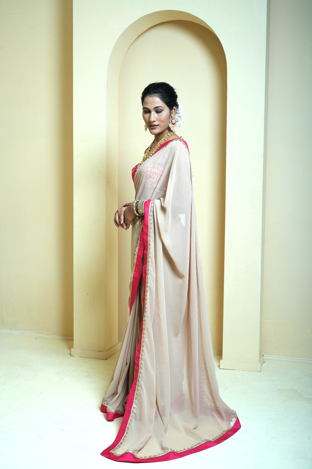 Serene Beige and Rose Pink Georgette Saree