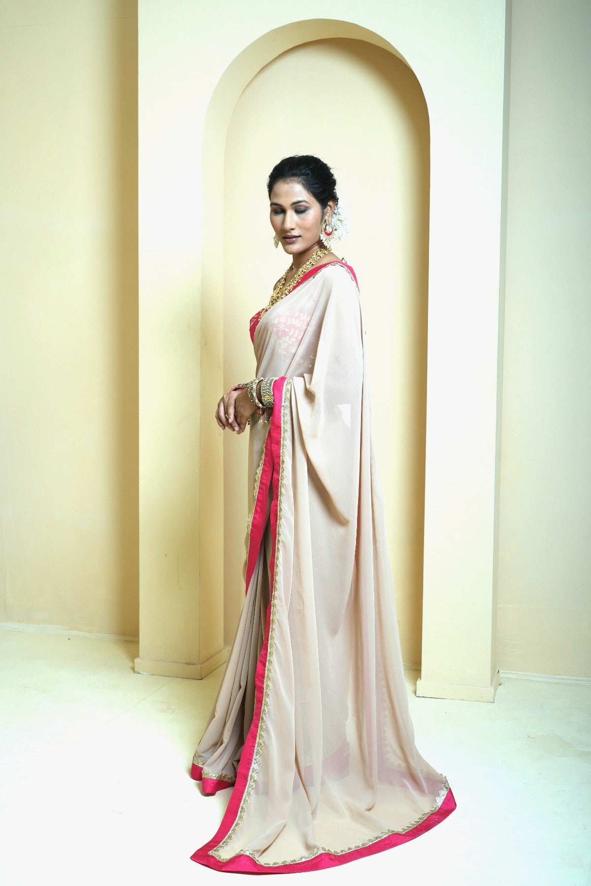 Serene Beige and Rose Pink Georgette Saree