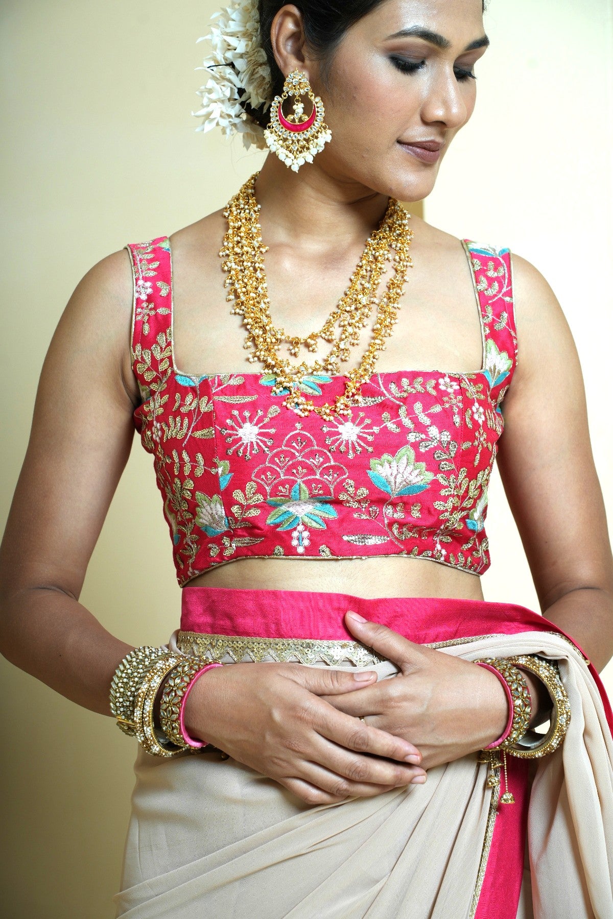 Serene Beige and Rose Pink Georgette Saree