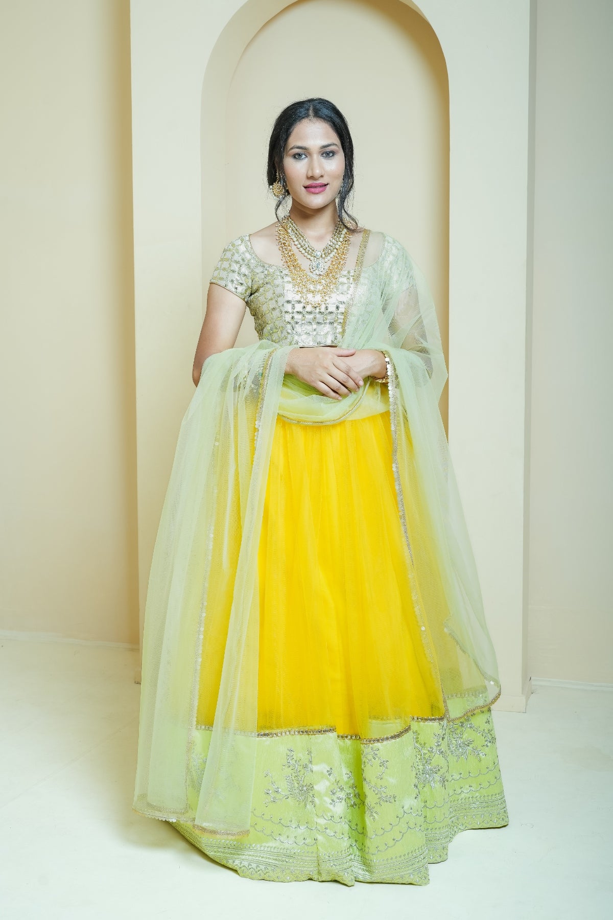 Mustard and Lime Shimmer Scallop Lehenga