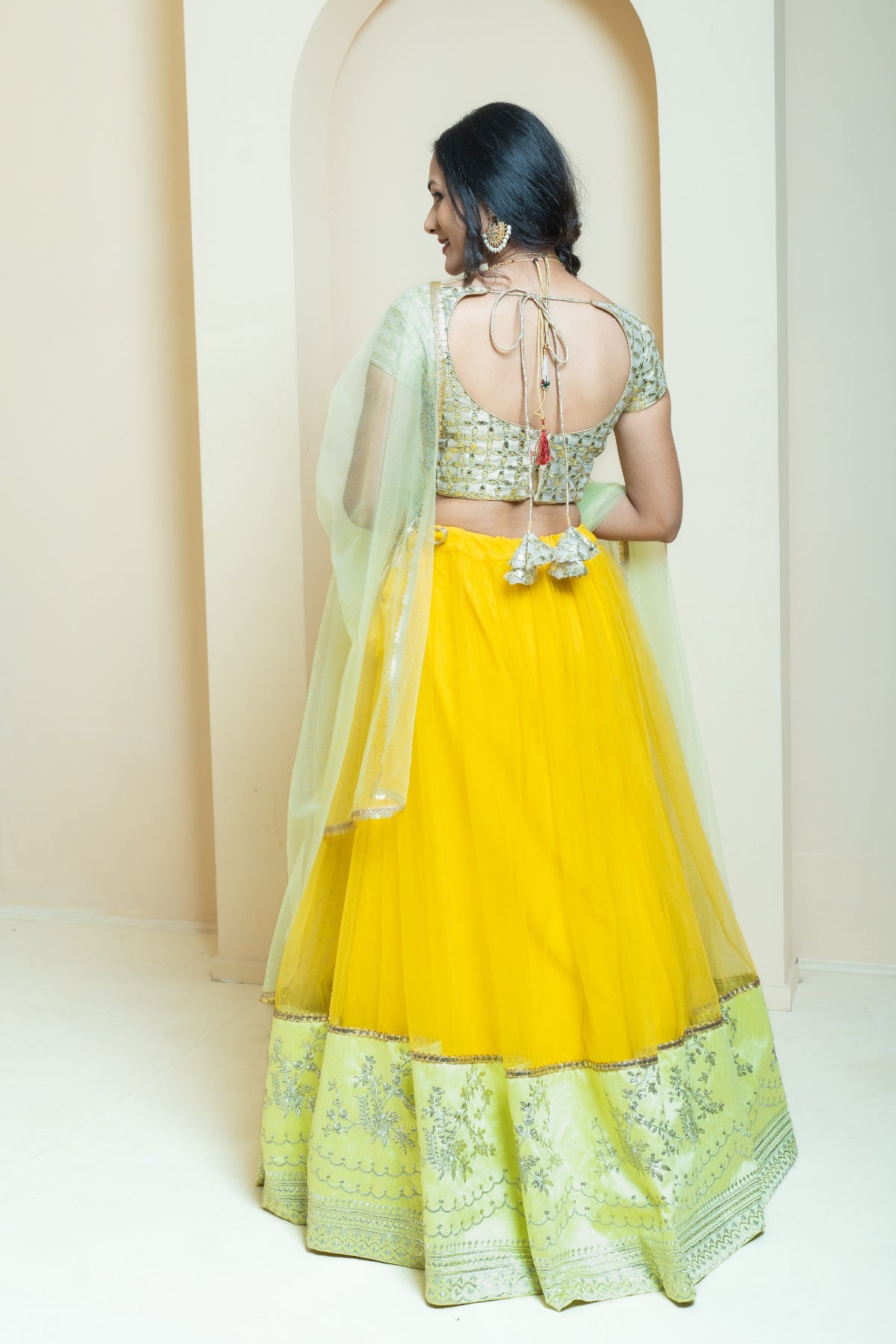 Mustard and Lime Shimmer Scallop Lehenga