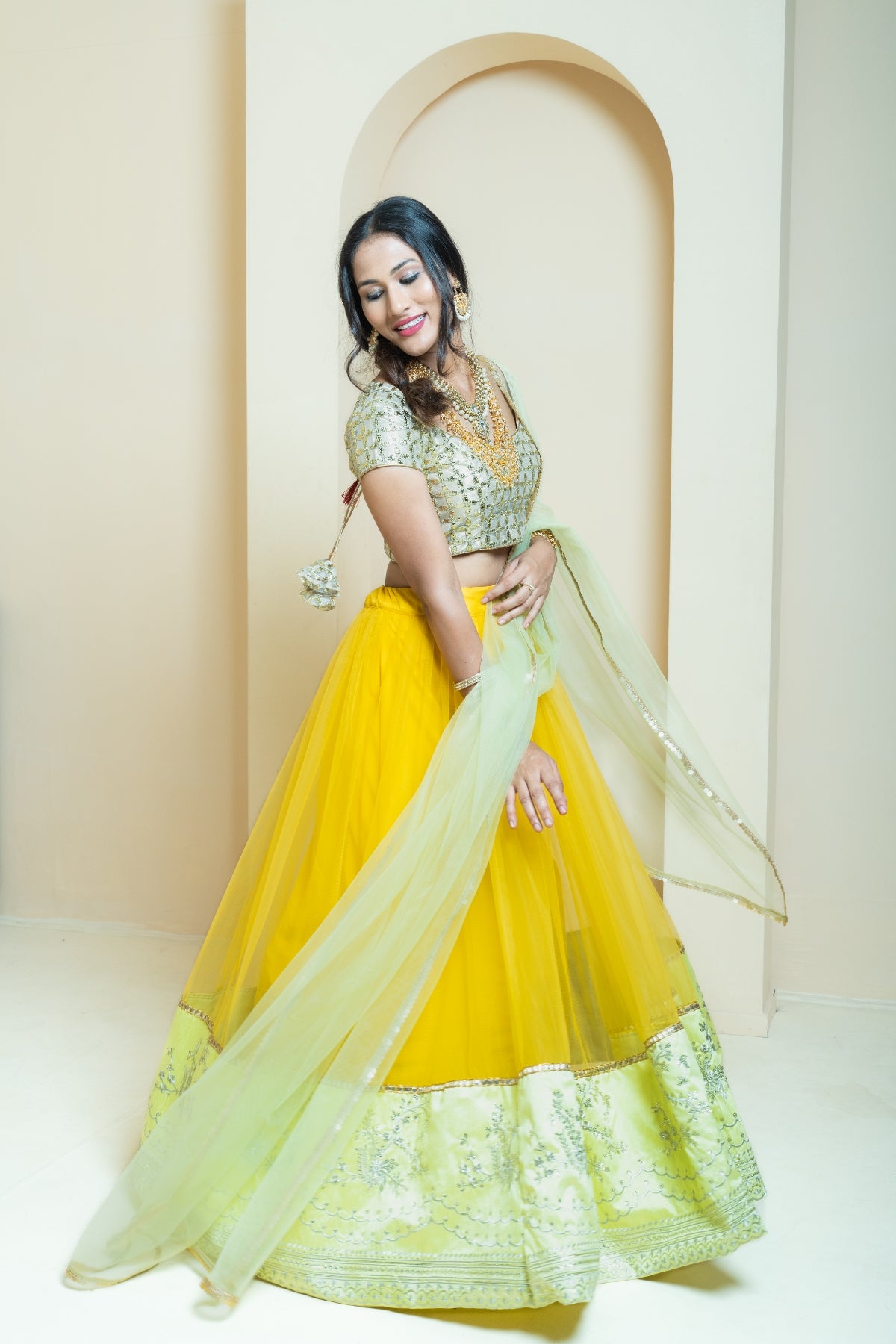 Mustard and Lime Shimmer Scallop Lehenga