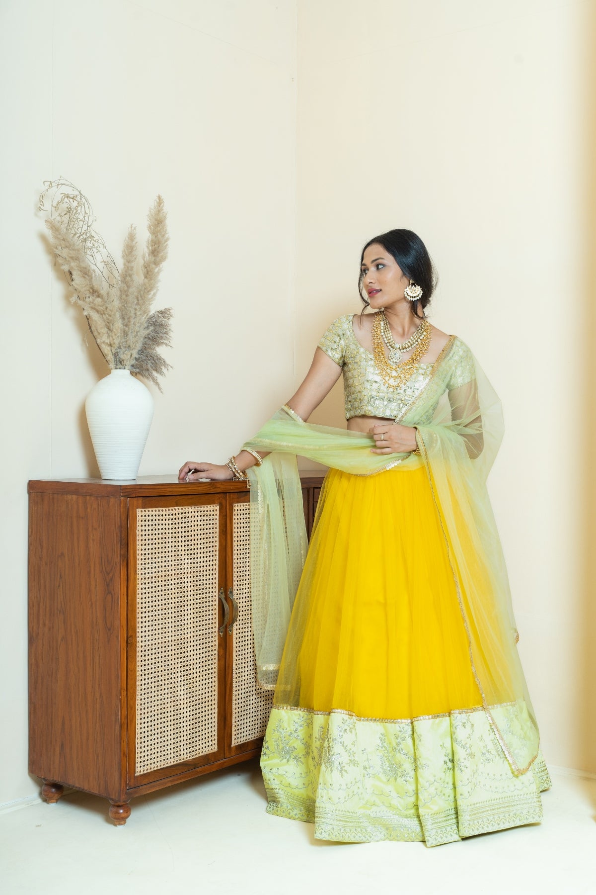 Mustard and Lime Shimmer Scallop Lehenga