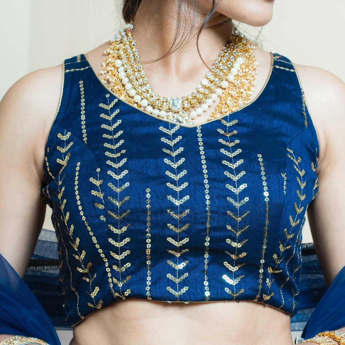Royal Navy Floral Zari Border Lehenga