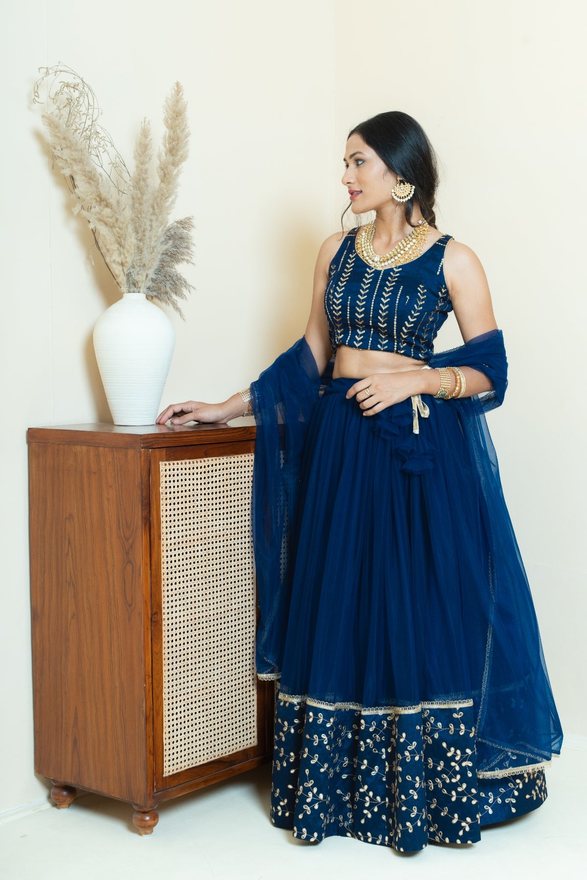 Royal Navy Floral Zari Border Lehenga