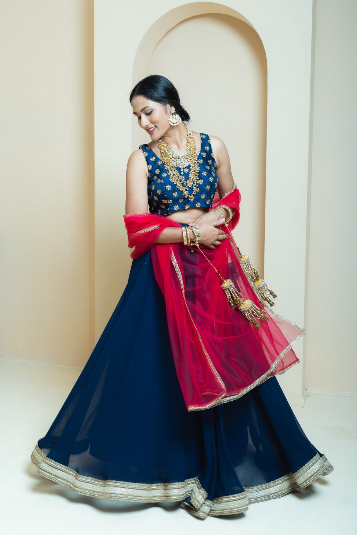 Regal Splendor Navy and Berry Pink Georgette Lehenga