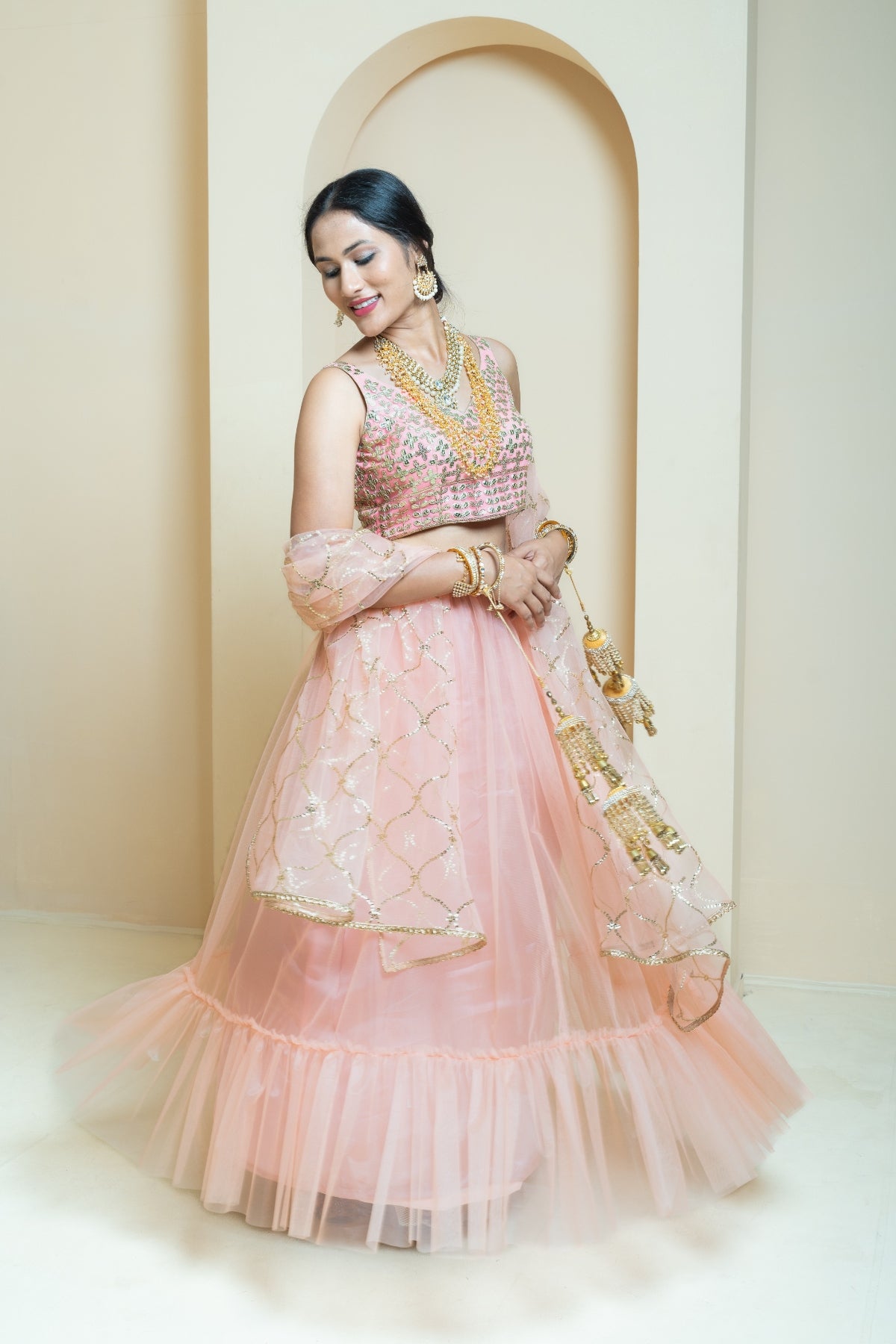 Pastel Peach and Pink Sequin Sparkle Lehenga