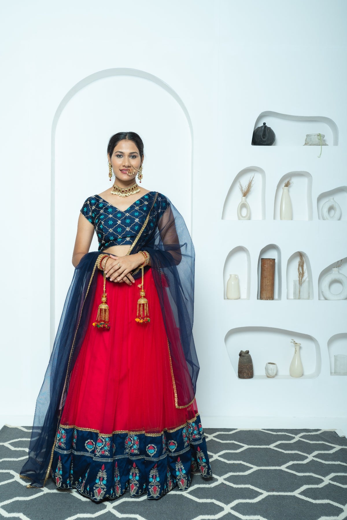 Cherry Red and Navy Resham Motif Lehenga