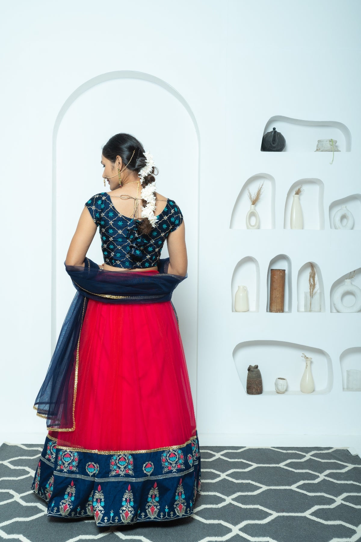 Cherry Red and Navy Resham Motif Lehenga