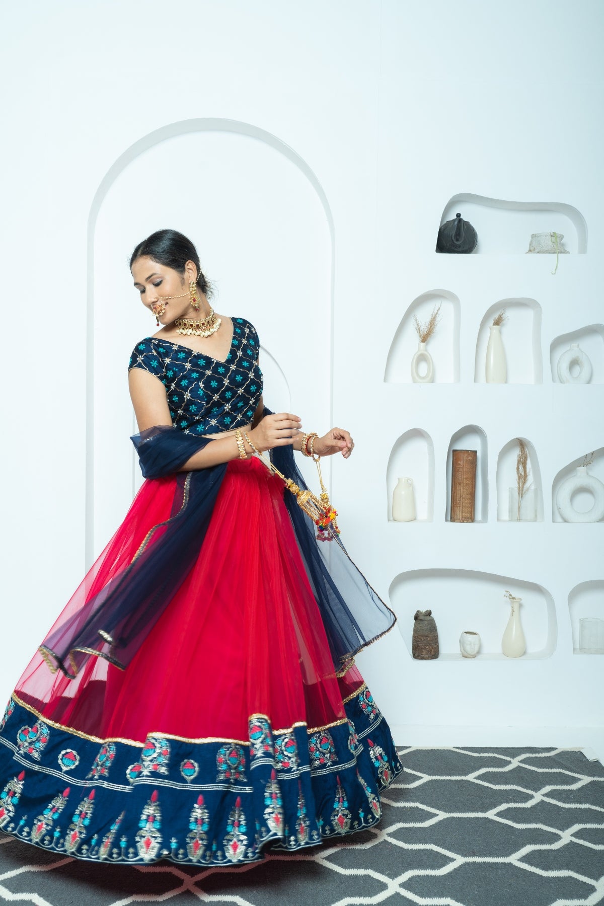 Cherry Red and Navy Resham Motif Lehenga