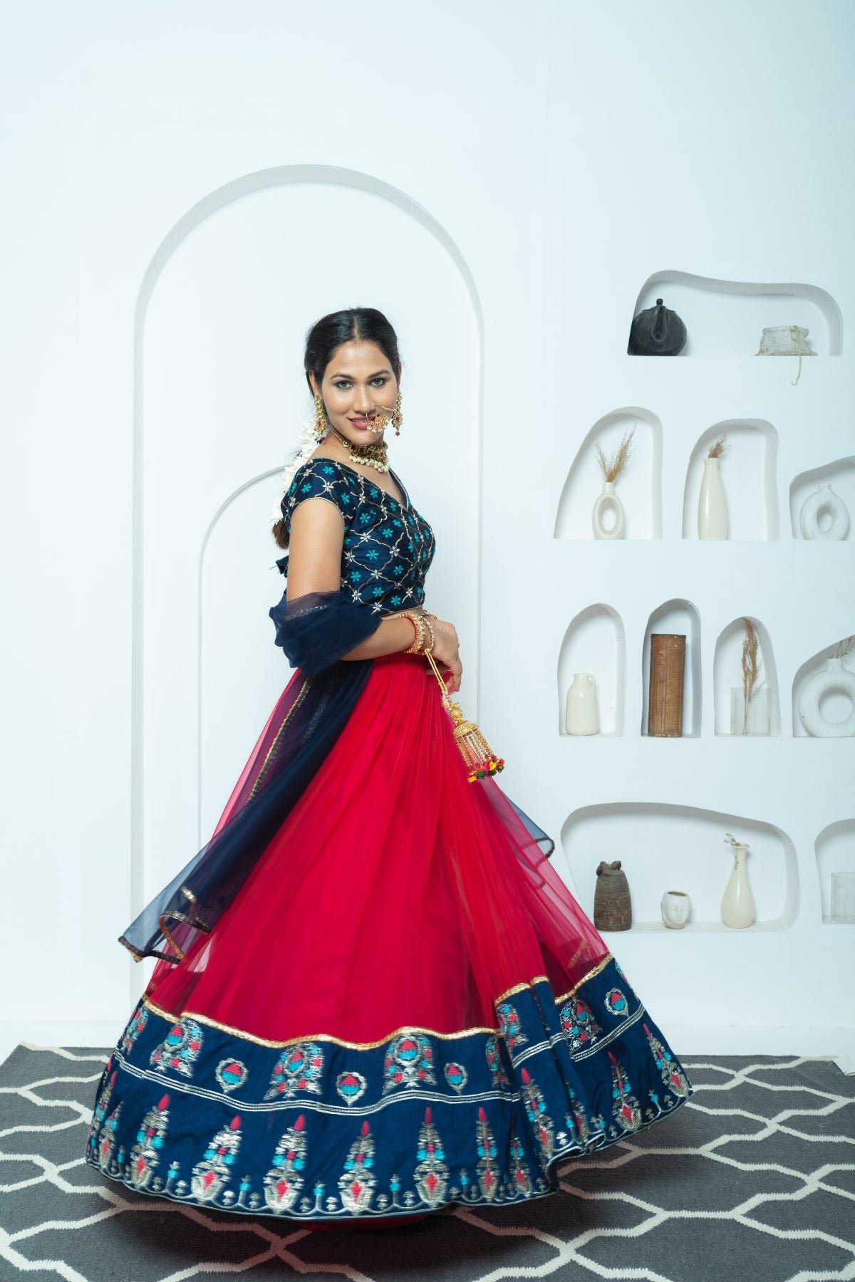 Cherry Red and Navy Resham Motif Lehenga