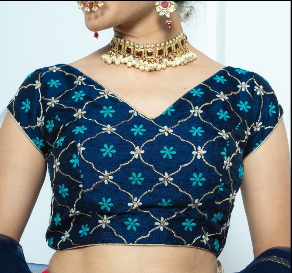 Cherry Red and Navy Resham Motif Lehenga