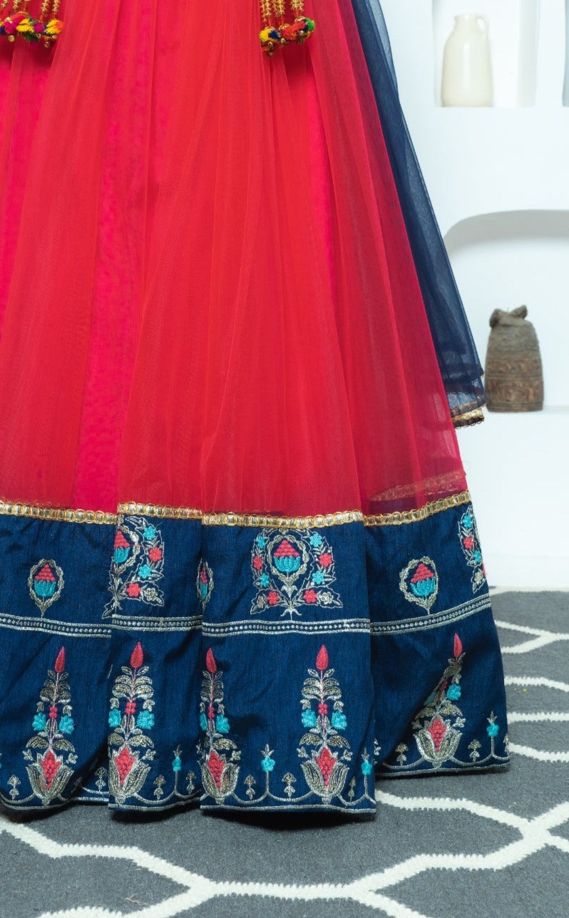 Cherry Red and Navy Resham Motif Lehenga