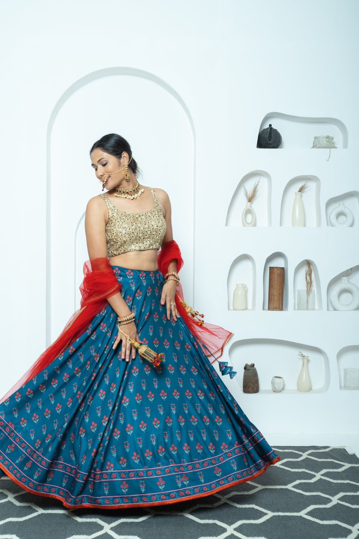 Regal Harmony Navy and Gold Printed Lehenga
