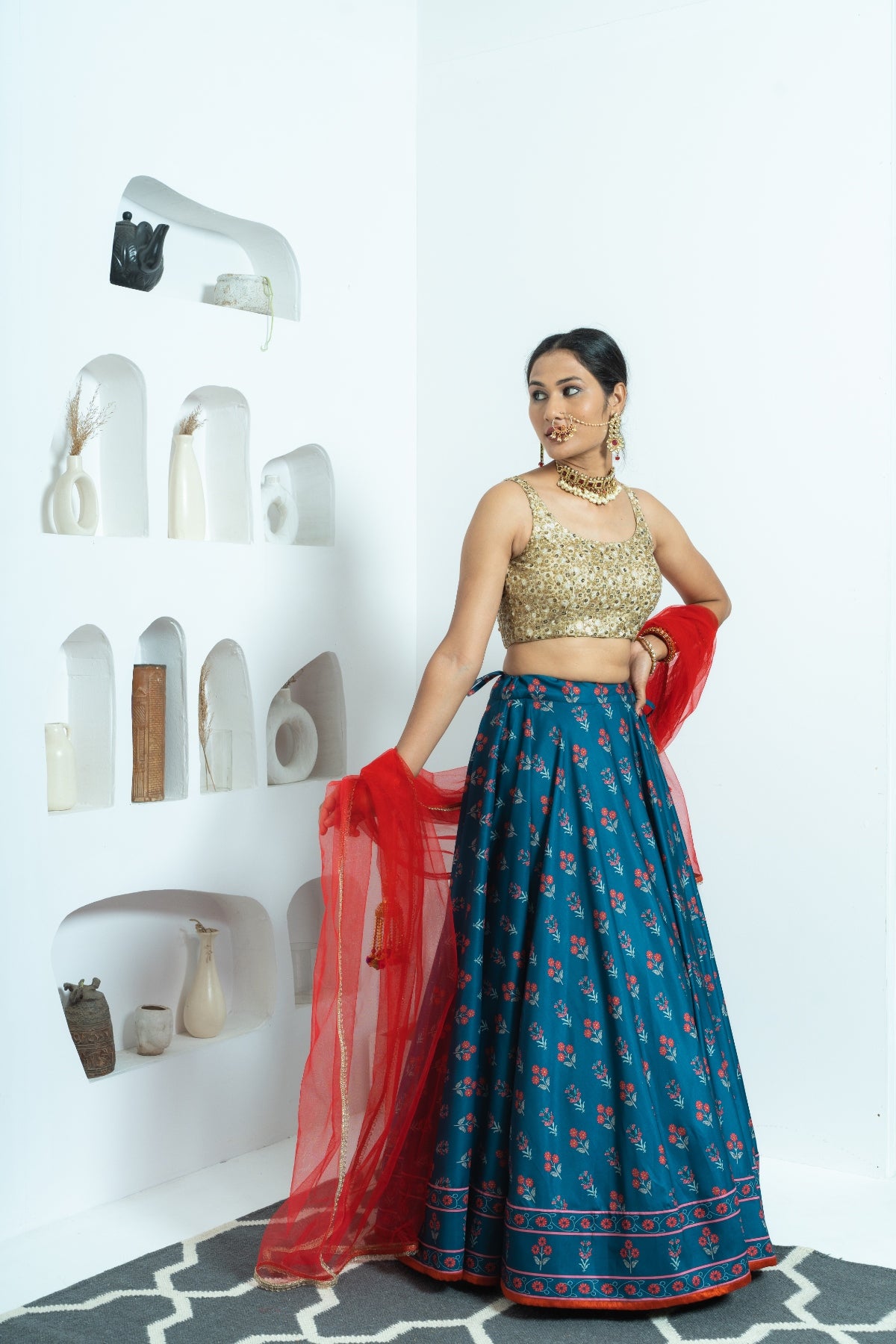 Regal Harmony Navy and Gold Printed Lehenga