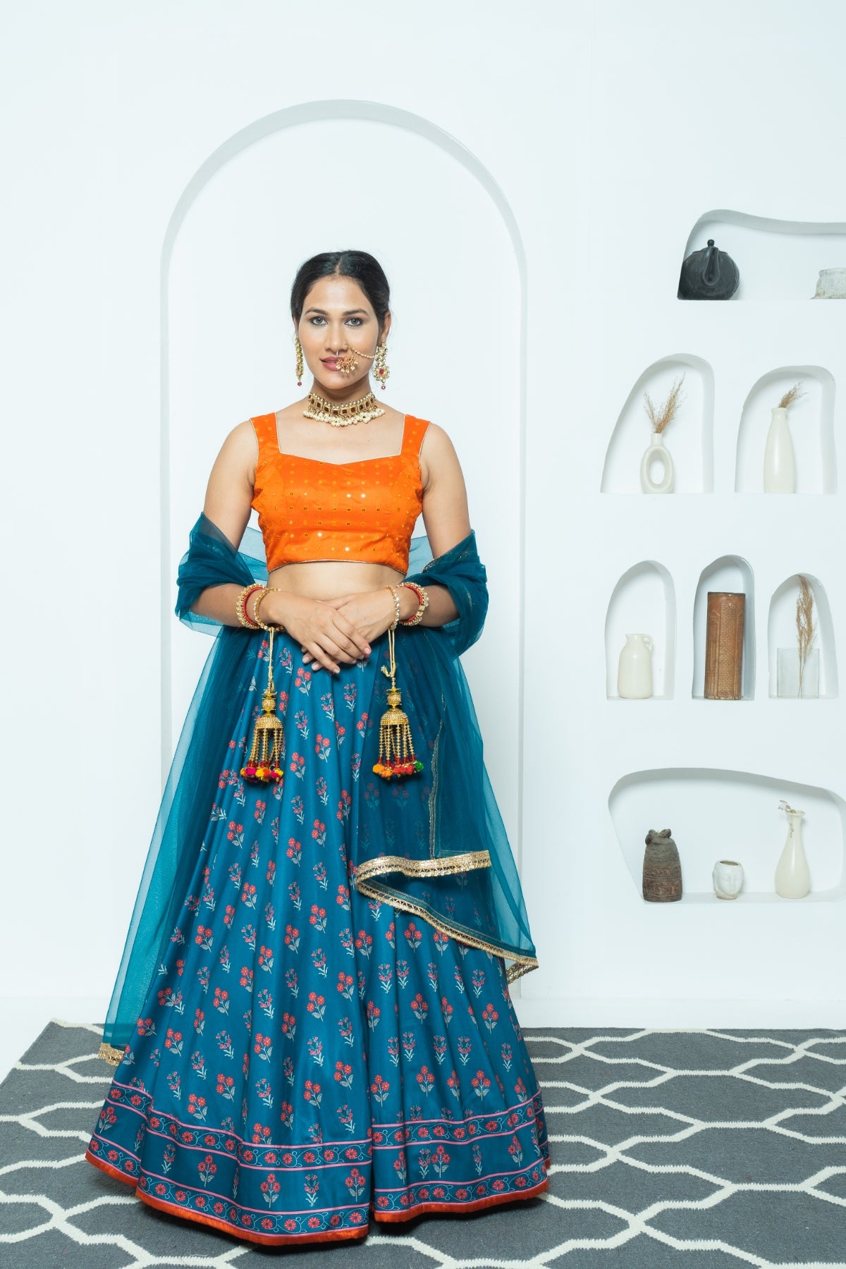 Regal Harmony Navy and Orange Printed Lehenga