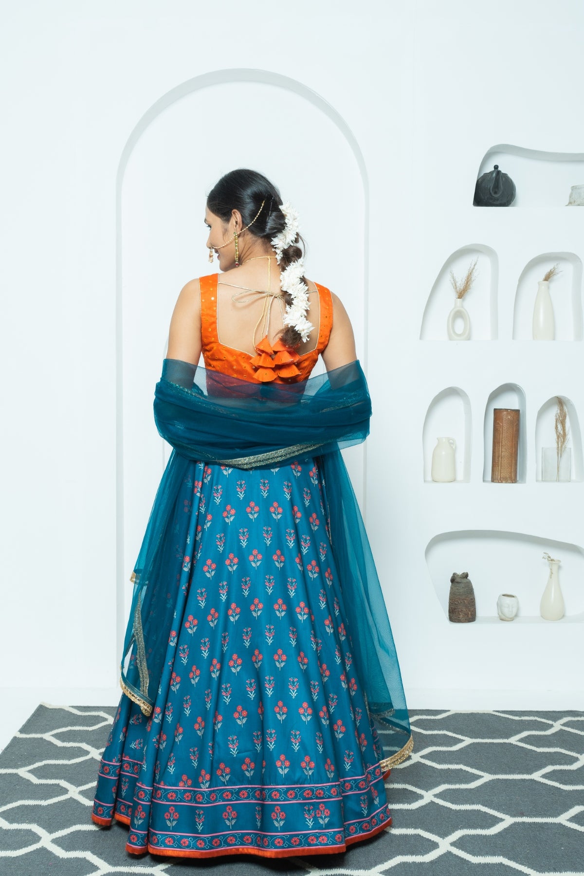 Regal Harmony Navy and Orange Printed Lehenga