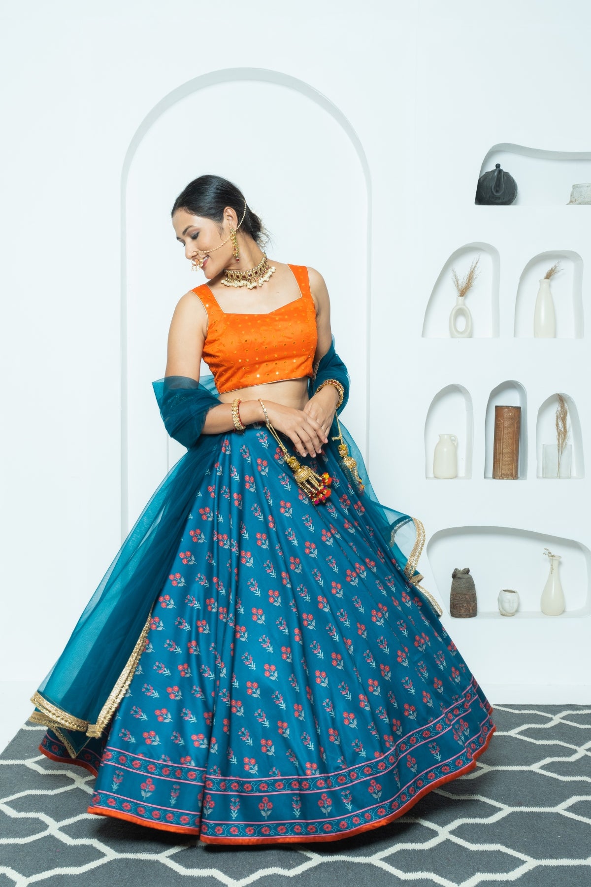 Regal Harmony Navy and Orange Printed Lehenga