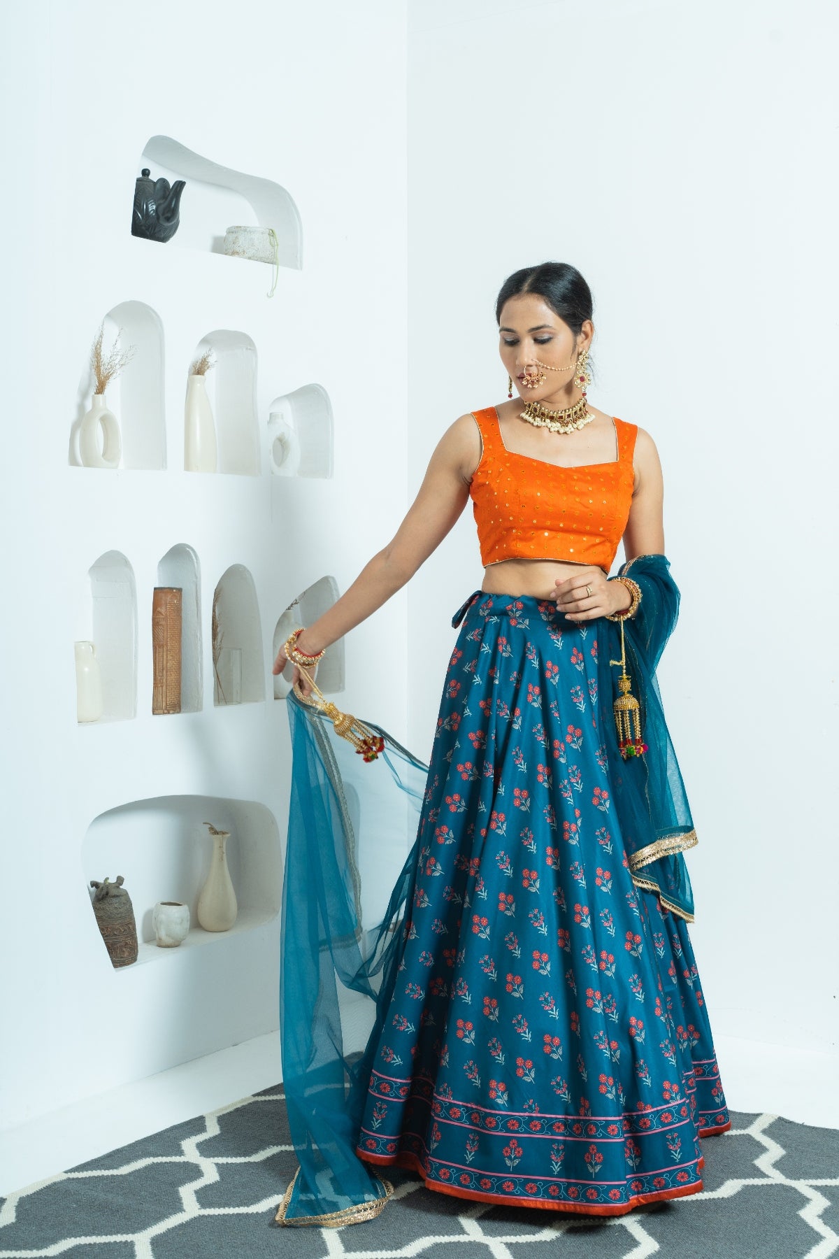 Regal Harmony Navy and Orange Printed Lehenga